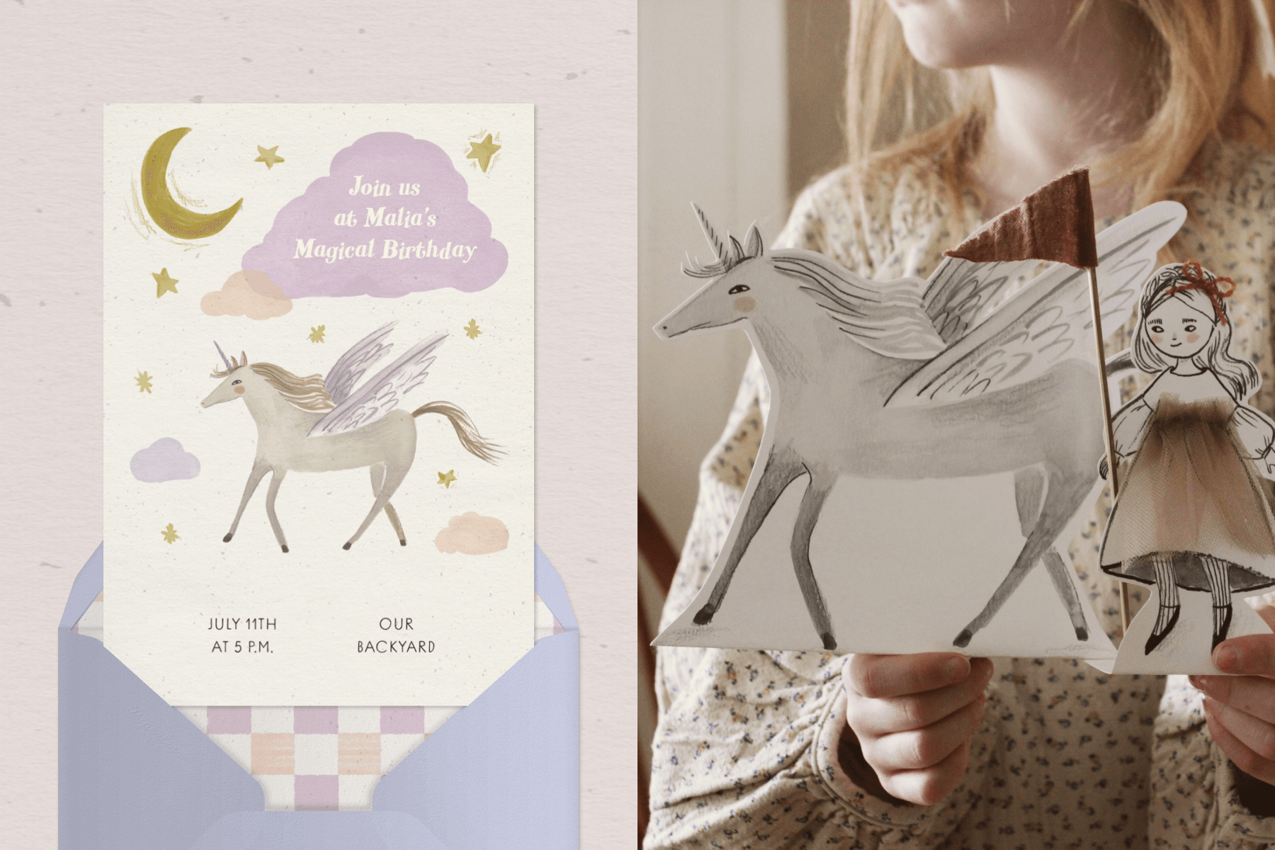 Left: Children's birthday invitation feature an illustrated unicorn and pastel clouds on an off-white background with a purple envelope. Right: Little girl playing with a paper cutout of an illustrated unicorn. 