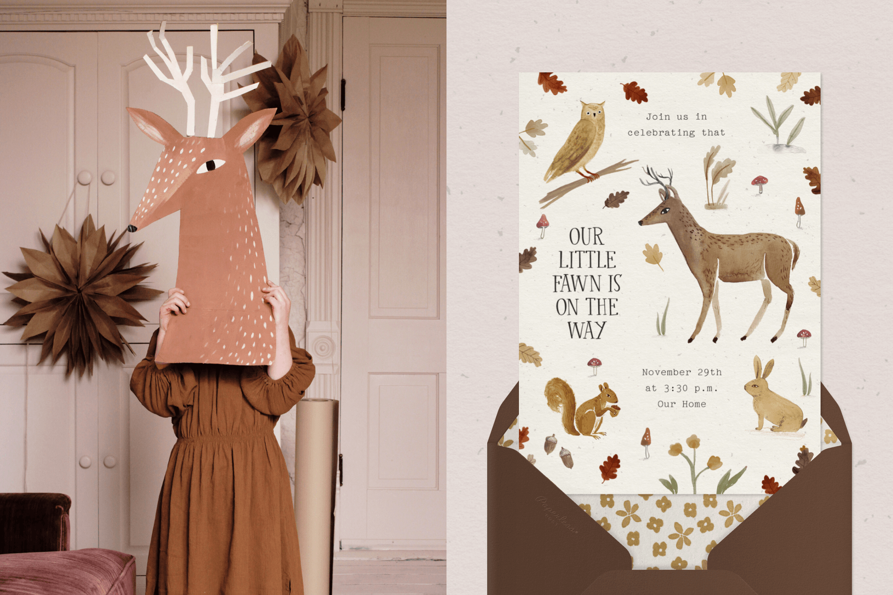 Left: Child holding up a paper cutout of a deer's head. Right: Birth announcement featuring illustrated woodland creatures and falling leaves on an off-white background with a brown envelope. 