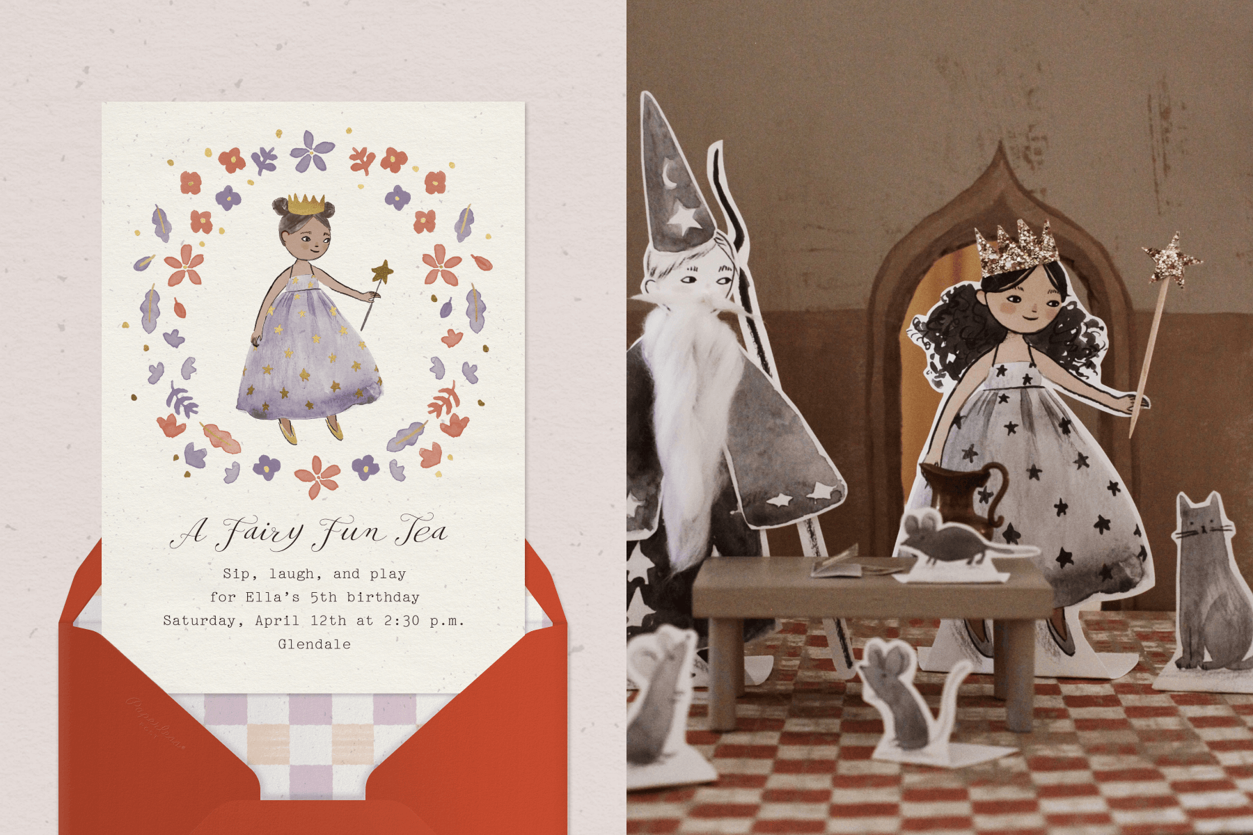 Left: Children's birthday invitation featuring an illustrated fairy princess in a purple dress surrounded by a circle of flowers on an off-white background with a red envelope. Right: Children's paper cutout scene of a wizard and princess. 
