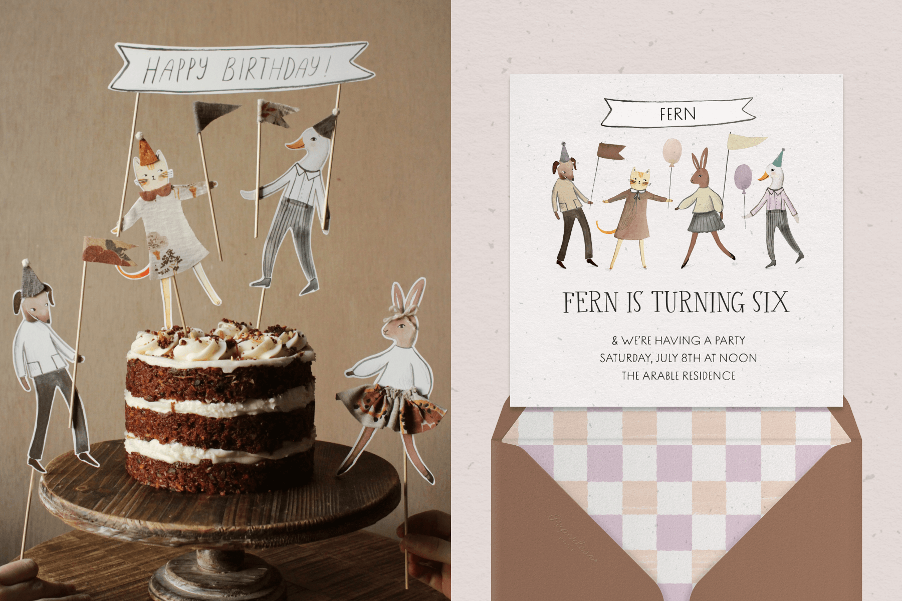 Left: Three-layered naked birthday cake topped with paper cutouts of partying animal characters. Right: Children's birthday invitation featuring illustrated partying animals holding a celebratory banner on an off-white background with a brown envelope. 