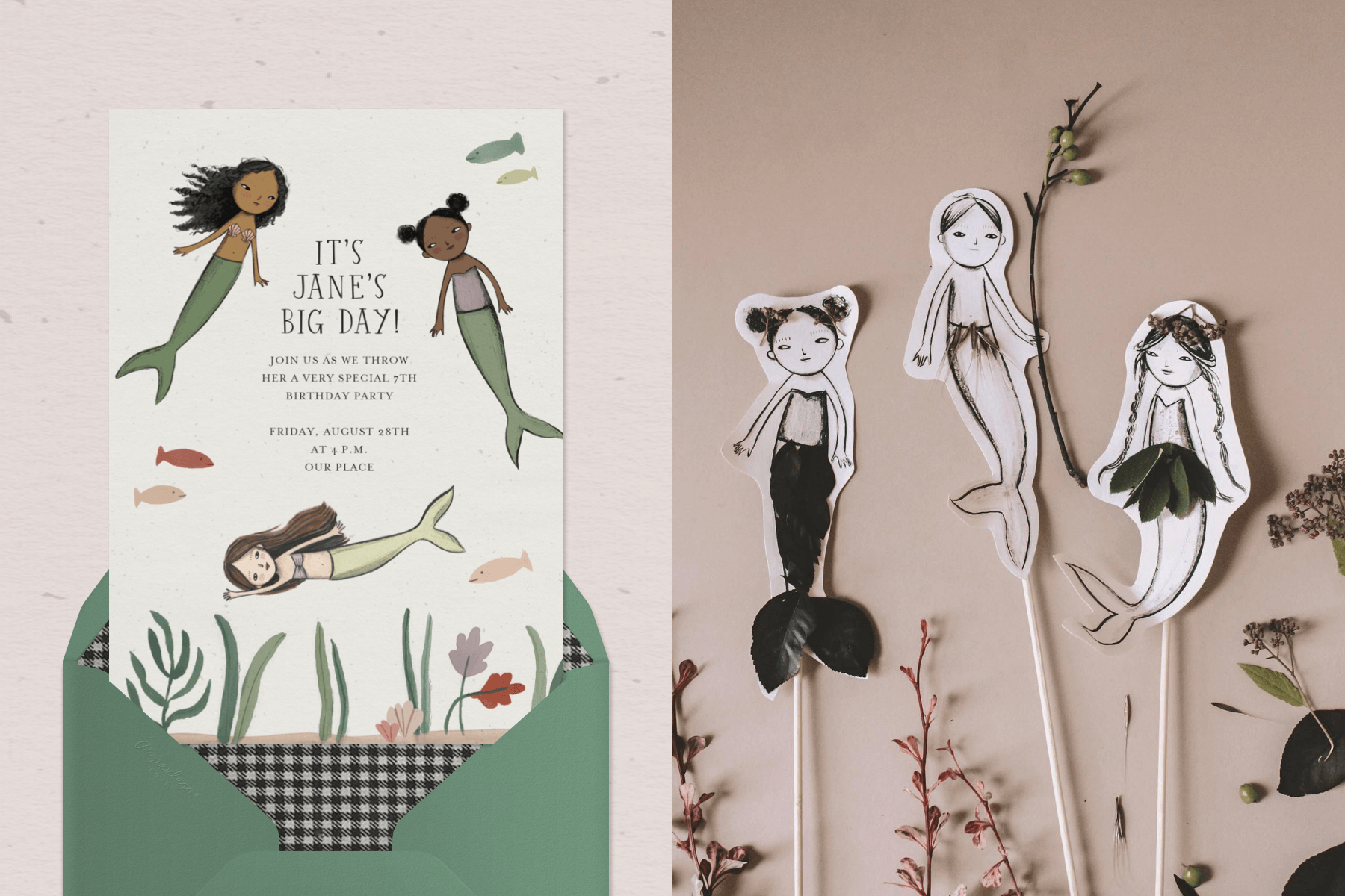 Left: Children's birthday invitation featuring three illustrated mermaids in an undersea scene on an off-white background with a green envelope. Right: Illustrated paper cutout mermaid dolls.