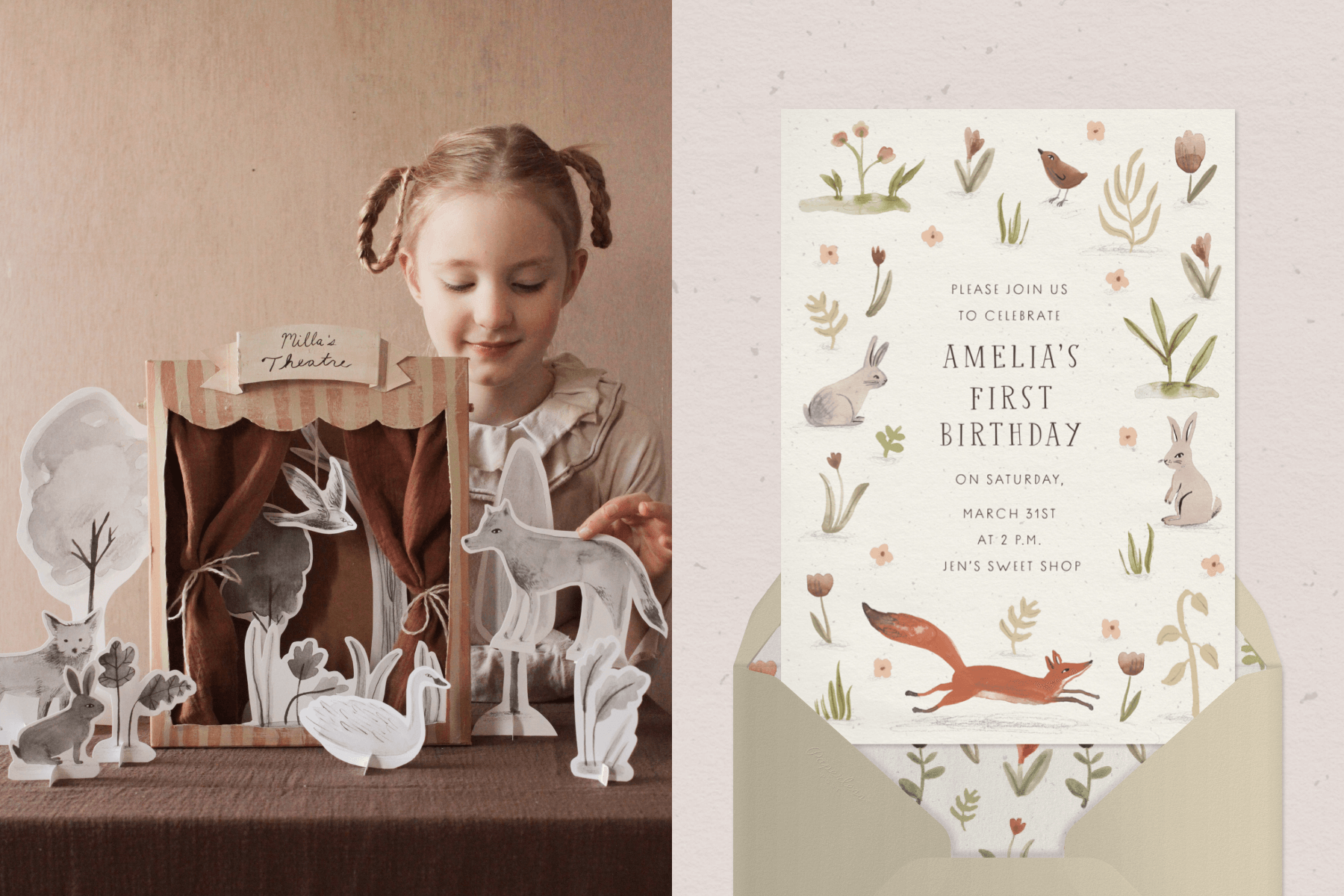 Left: Child playing with an illustrated paper cutout scene of animals performing in a theater. Right: Children's birthday invitation featuring a border of illustrated woodland creatures on an off-white background with a cream envelope.