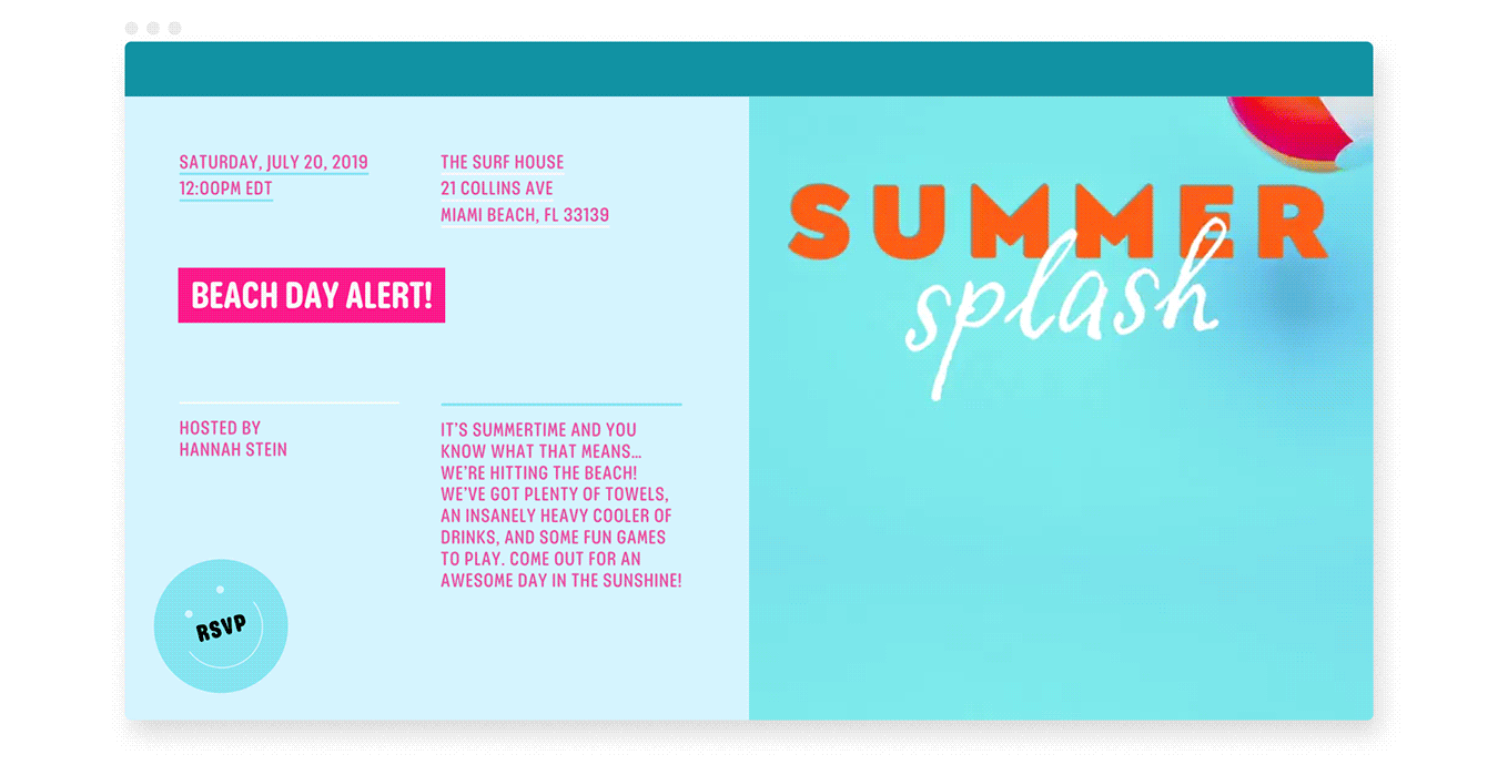 animated summer splash beach day invitation flyer with animation of beach ball splashing in water