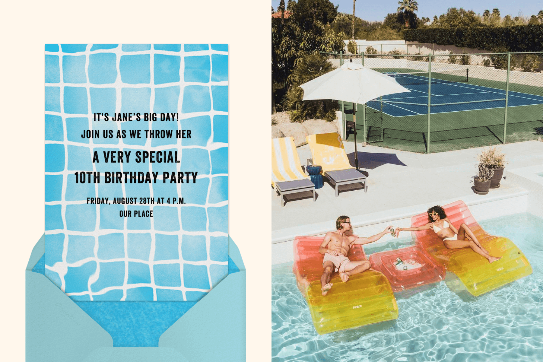 pool party invitation next to a couple sitting on inflatable loungers in the pool