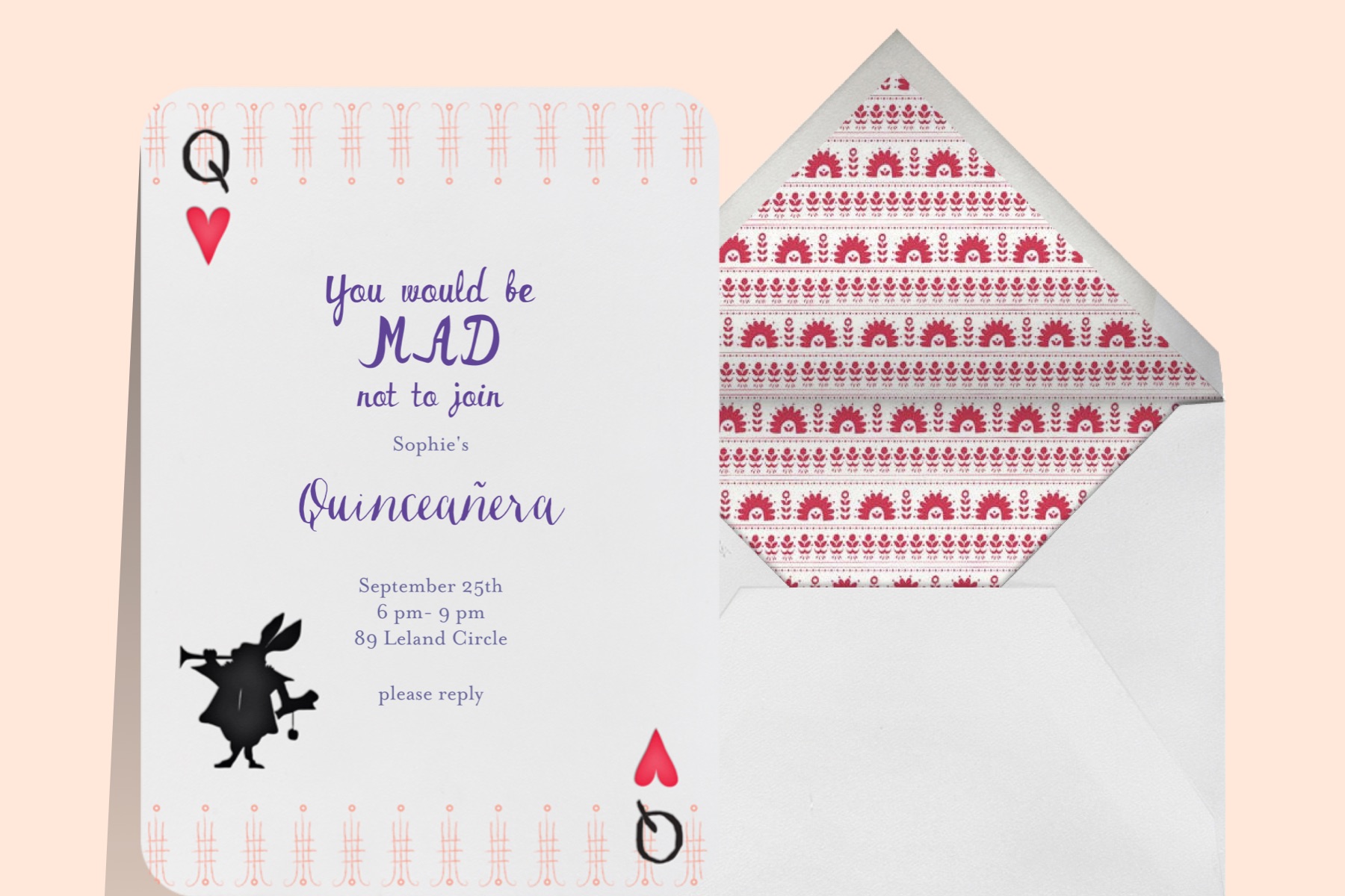 Photo of the card “A Very Happy Unbirthday - Lipstick” by Mr. Boddington’s Studio for Paperless Post, which features a silhouette of a rabbit on a playing card-style card.