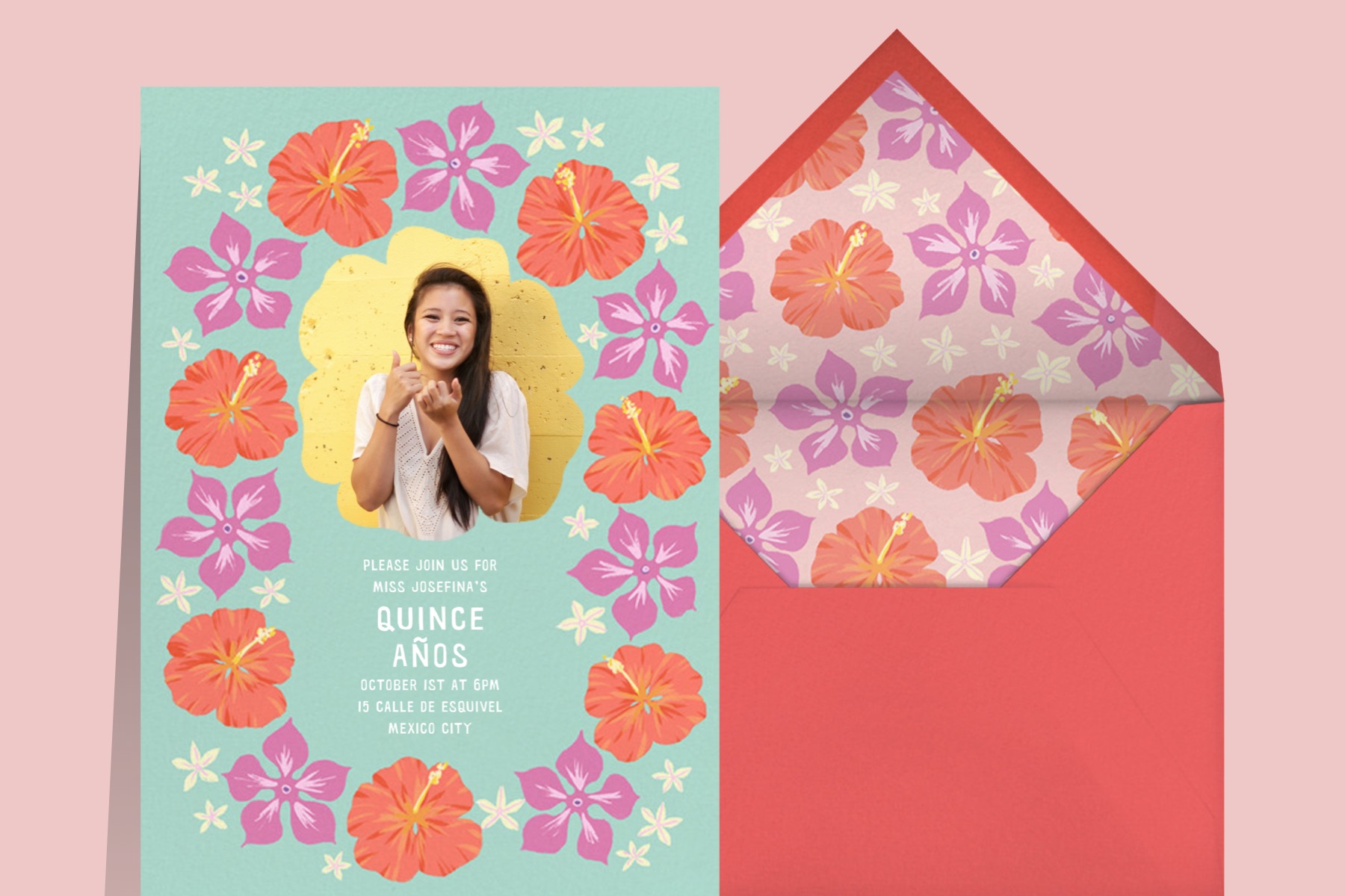 Photo of the card “Ala Moana” by Paperless Post, which features a cut out for a picture of your choice and Hawaiian flowers in turquoise, purple, and red.