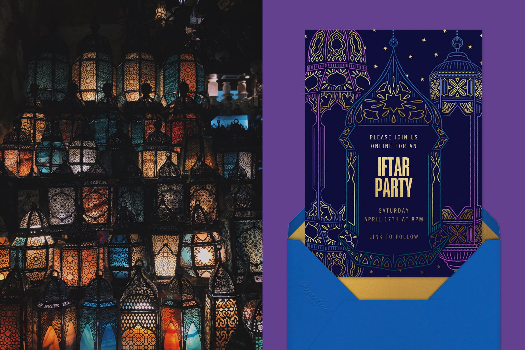 Left: Decorative lanterns after dark | Right: “Ramadan Glow” by Paperless Post