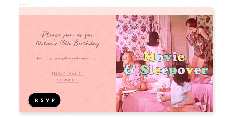 “Sleepover” Flyer by Paperless Post featuring a gif of young women dancing in a retro bedroom. 
