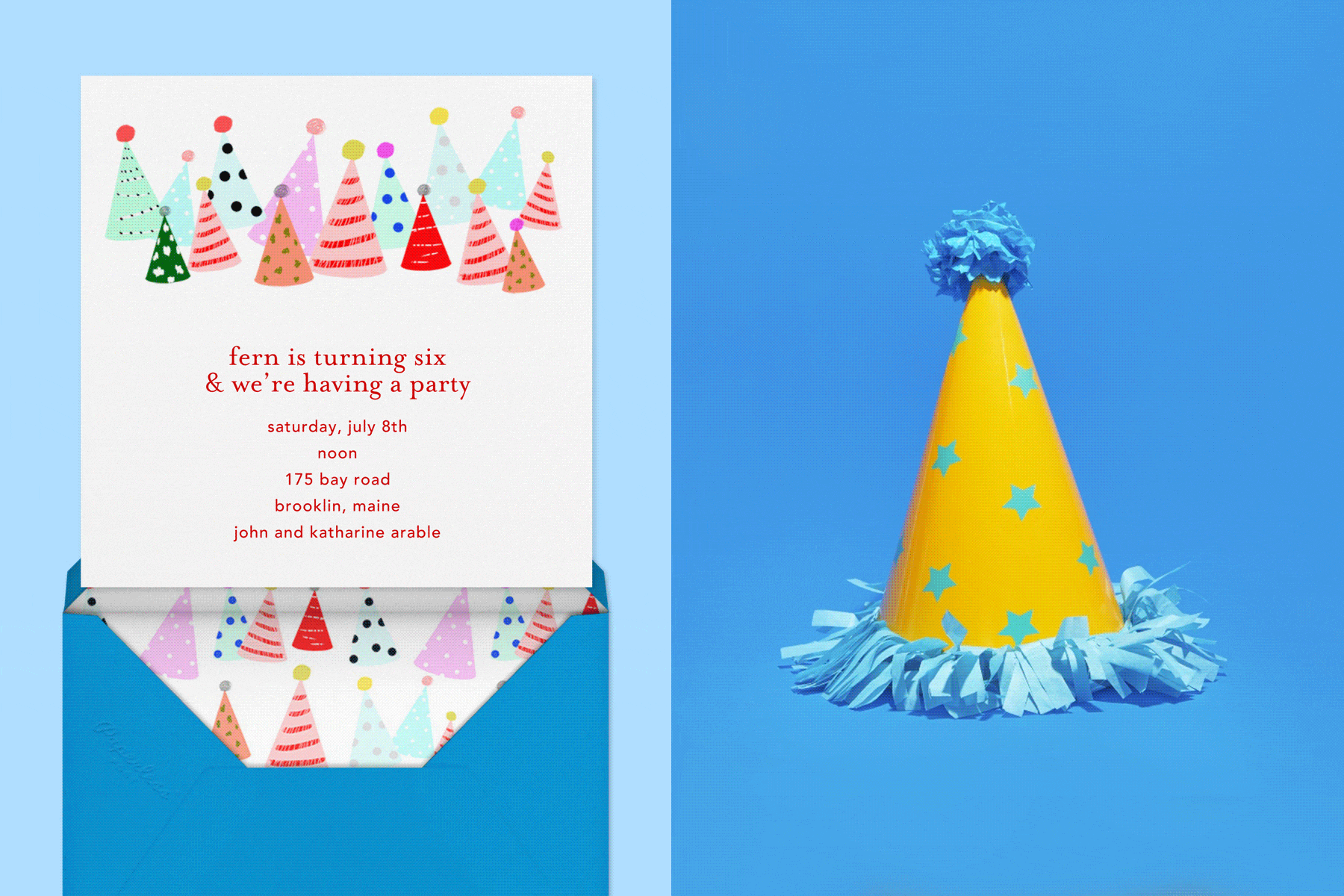 Left: Paperless Post Party Hats Invitation by Ashley G. Right: Animated gif of a birthday hat on a blue background