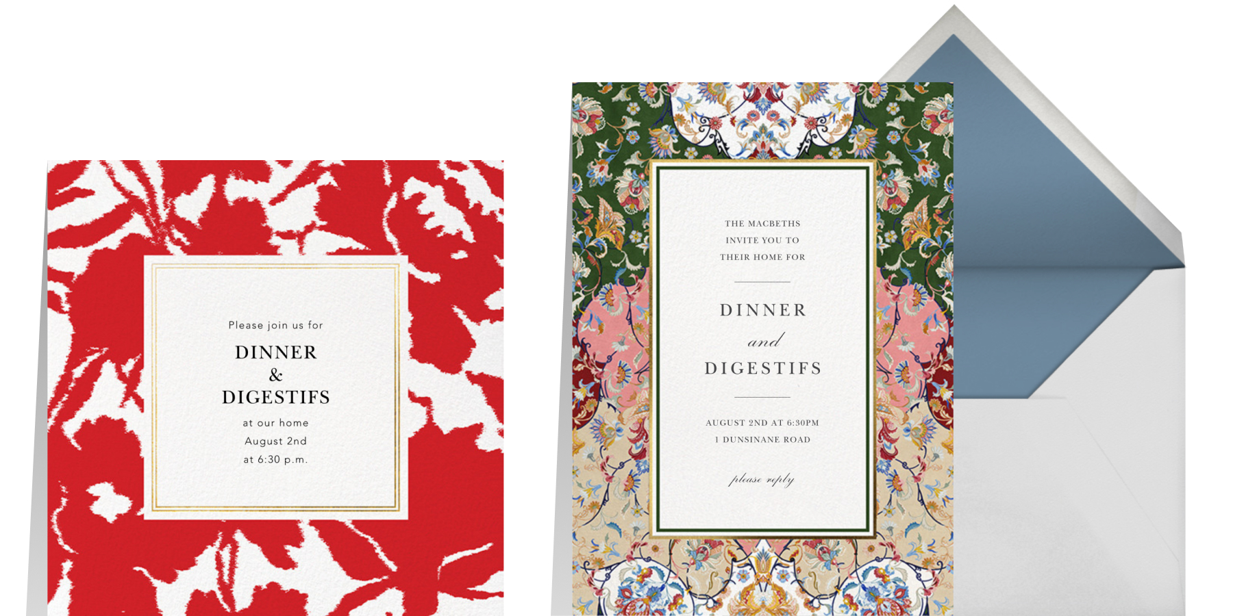 Two general party invitations side by side. The left is a red and white floral and the right is a green, pink, and tan floral invitation