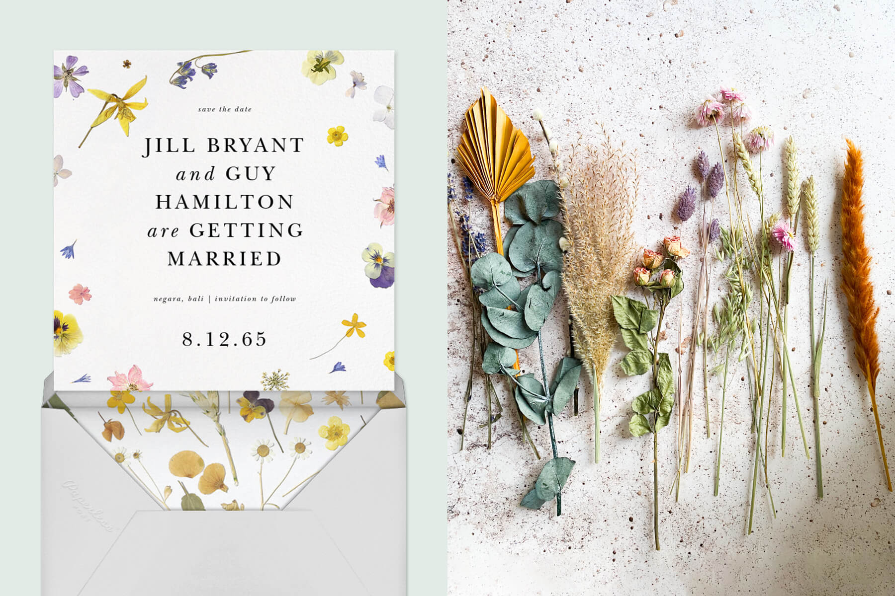 Left: Cordès wedding invitation by Paperless Post. Right: Dried wedding flowers 