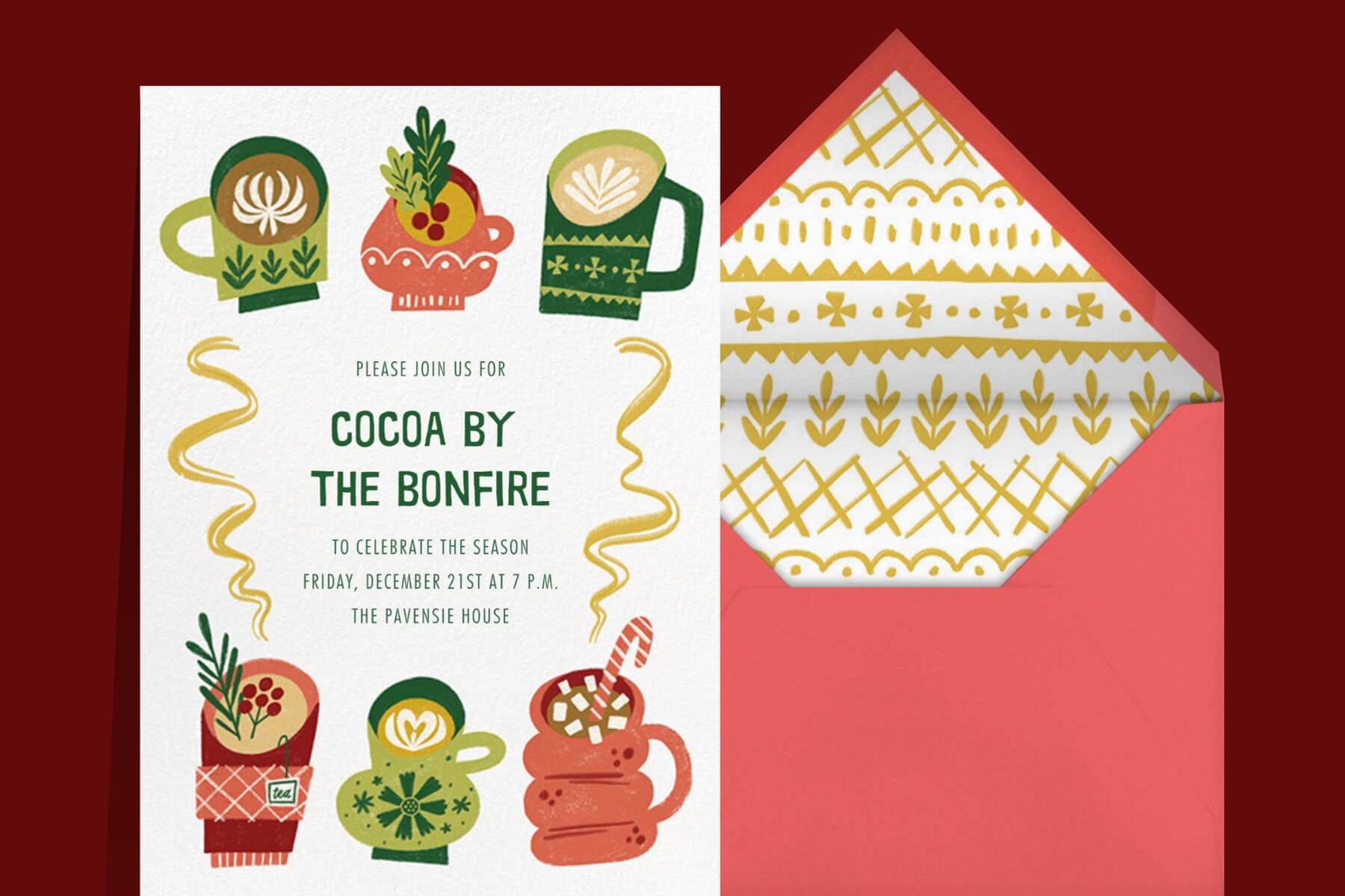 A party invitation with illustrations of festive hot drinks. 