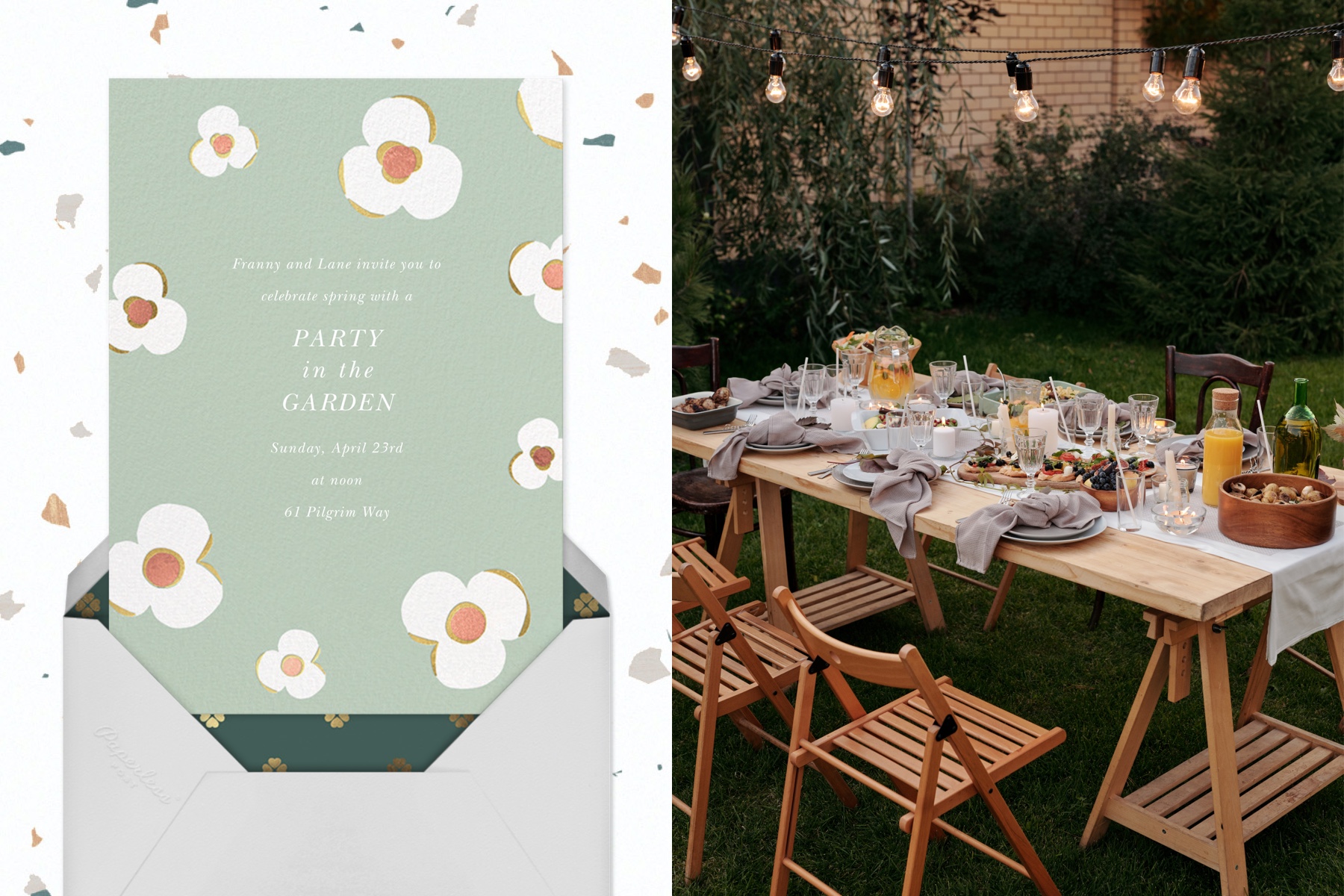 Left: “Three Petals - Mint” by kate spade new york for Paperless Post | Right: Backyard with a dinner party set up with folding chairs, table settings, and string lights