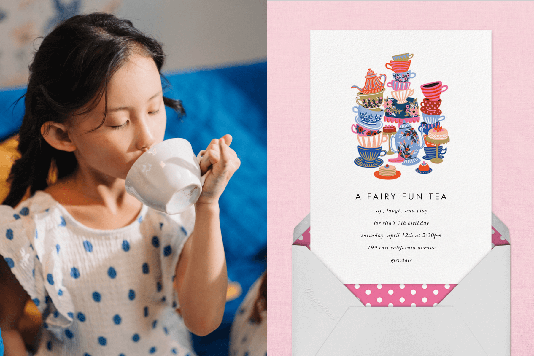 Right: Young girl drinking tea out of a tea cup with a blue background | Right: “Teacups” by Rifle Paper Co. for Paperless Post