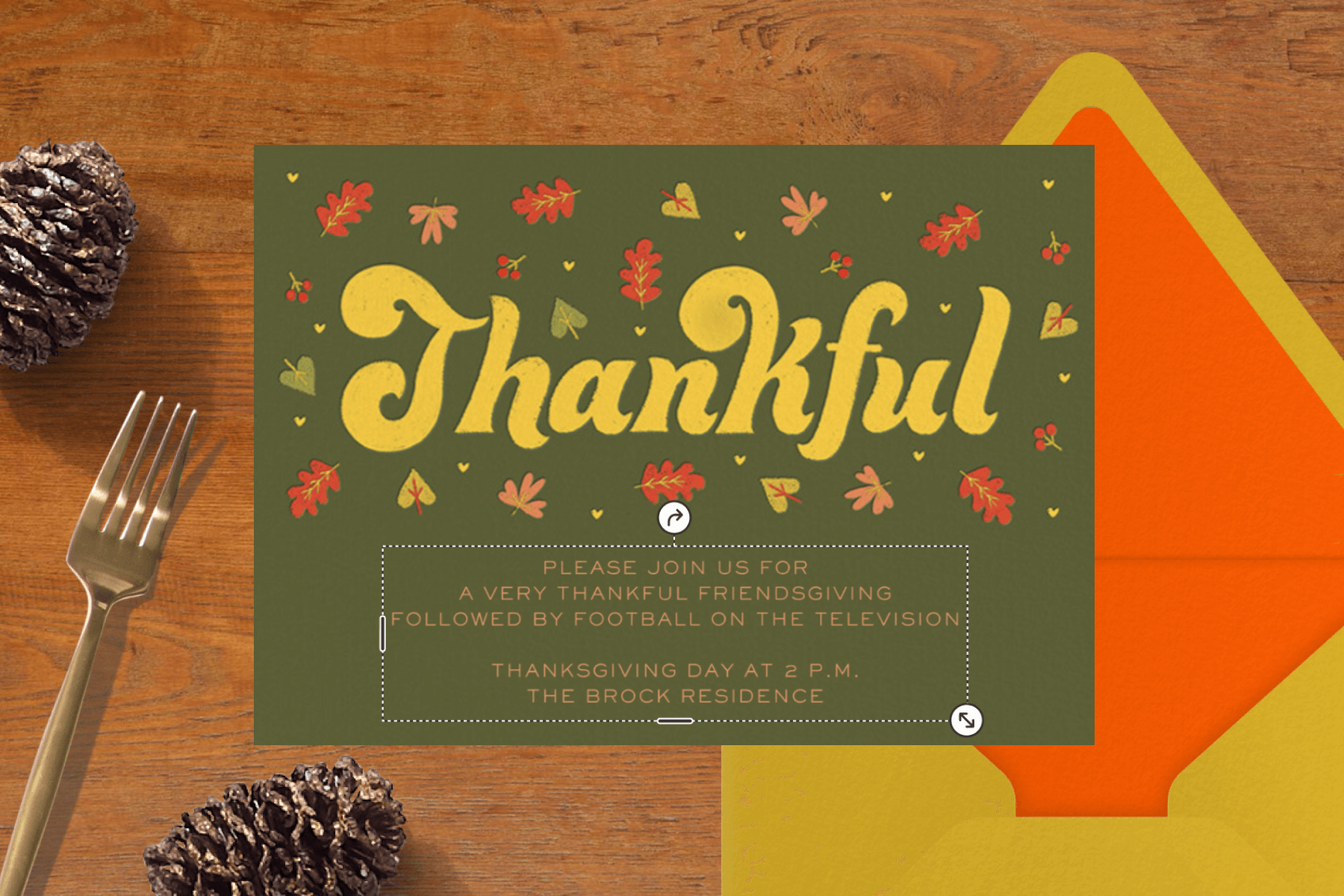 A moss green thanksgiving invitation with the word 