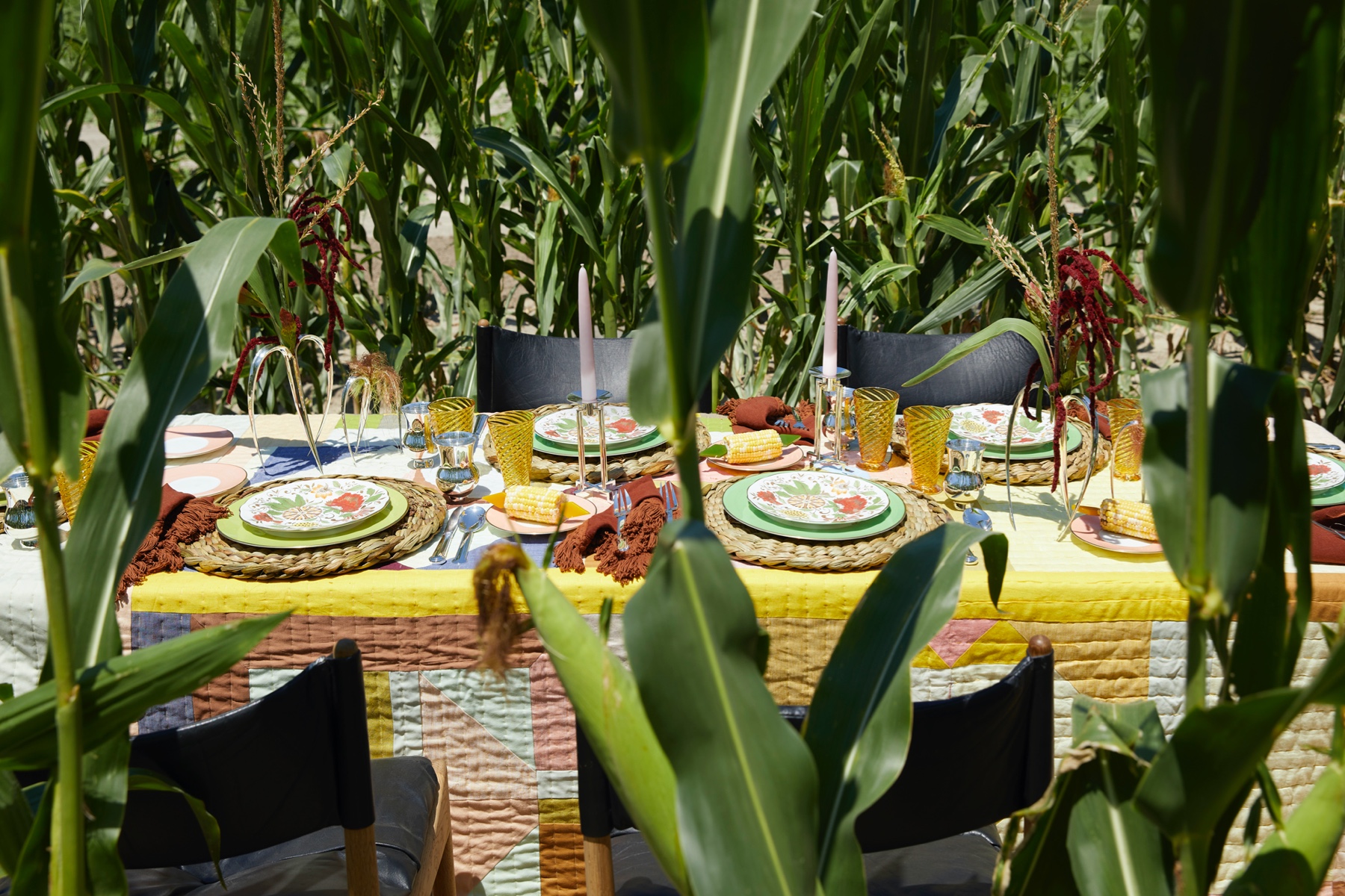 A Fall-themed table setting in a corn field.