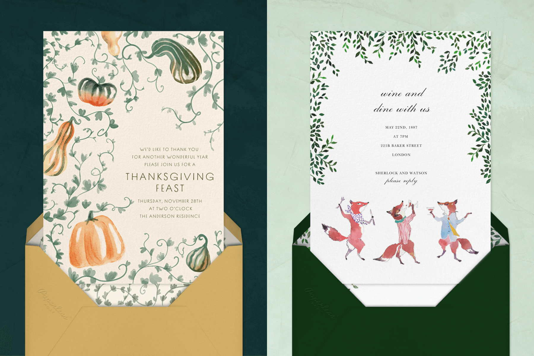 Two Thanksgiving invitations, one with gourds and one with foxes.