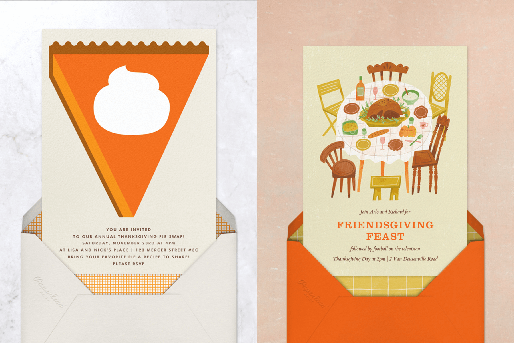Two Thanksgiving invitations, one with pumpkin pie and one with a table.