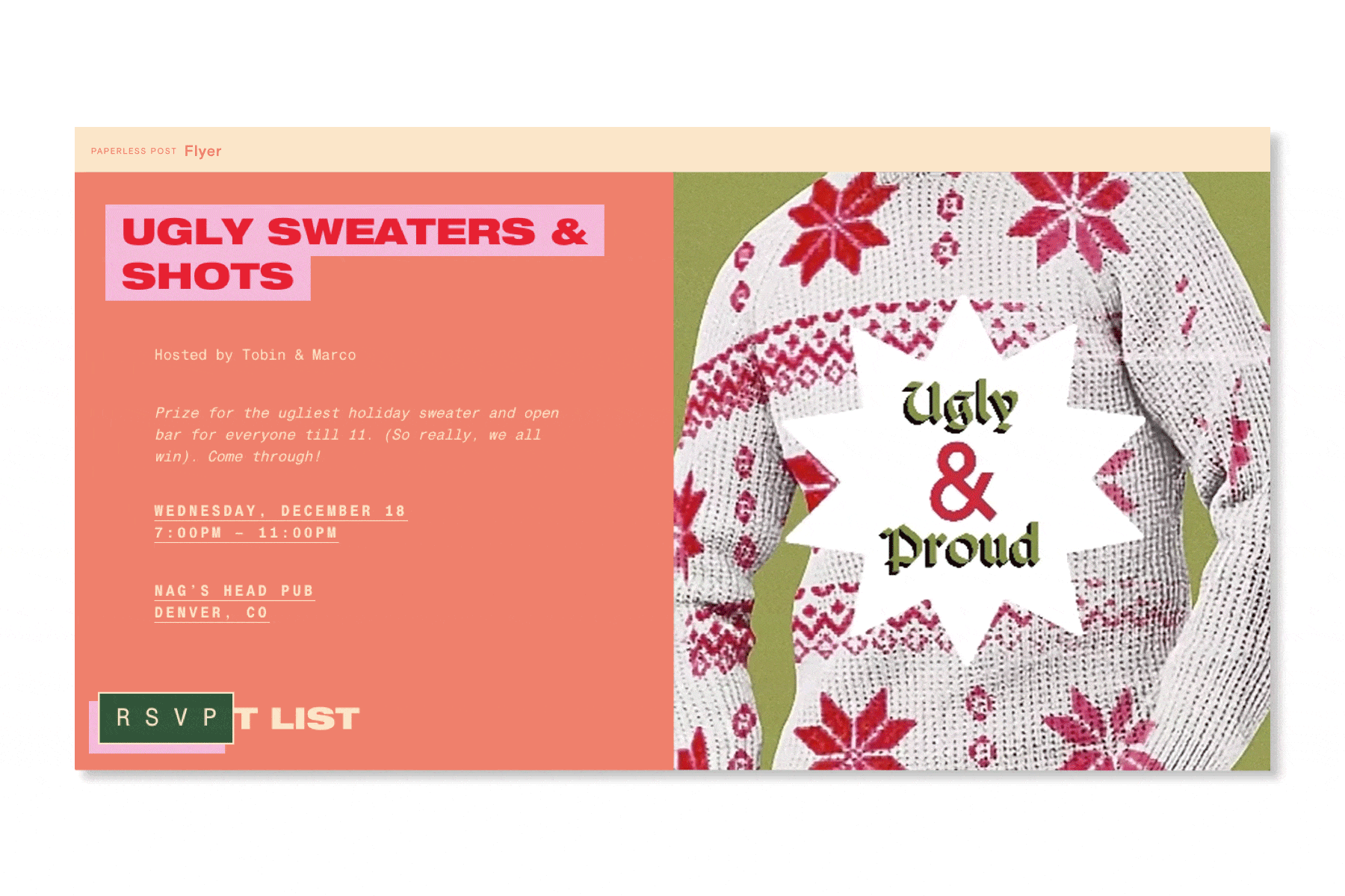 Ugly sweater Christmas party invitation featuring that says "ugly and proud" and features snowflakes and Christmas trees