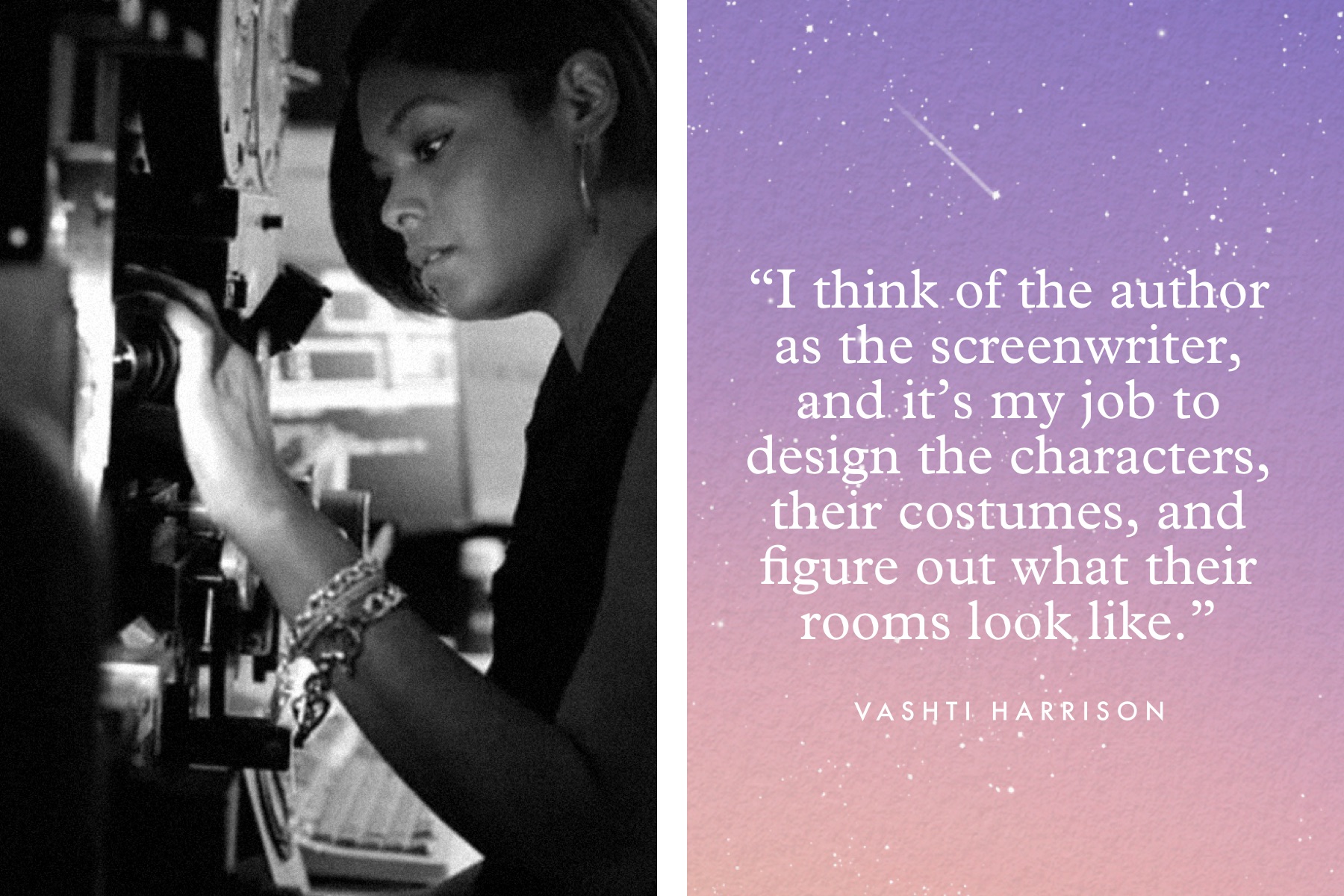 Left: Vashti Harrison working with a film camera | Right: Quote by Vashti Harrison