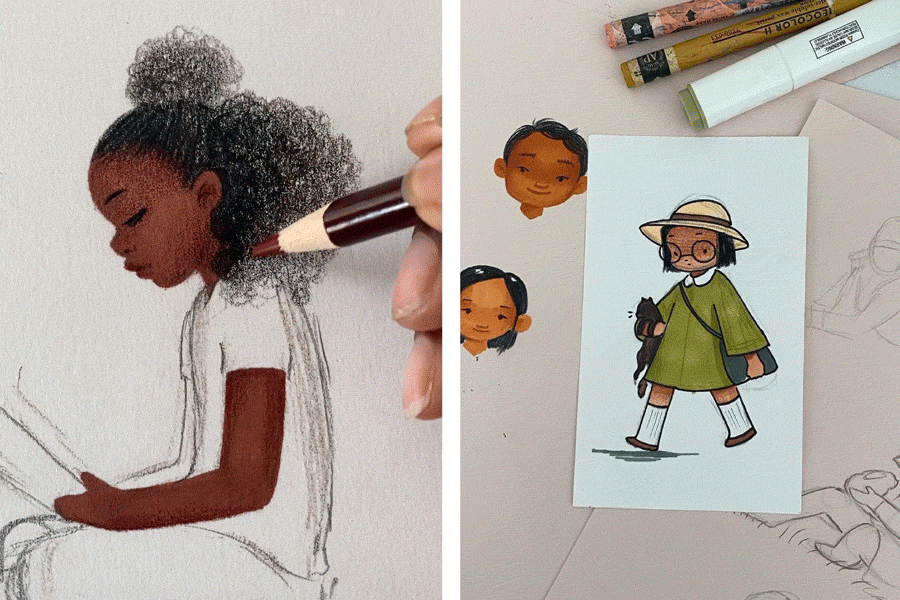 Left: GIF of a pencil coloring a sketch of a girl. | Right: Several sketches of young kids.