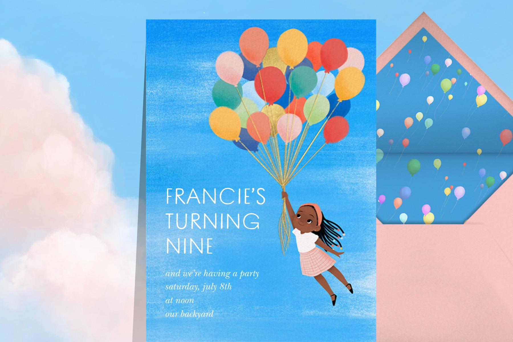 "Flying Colors" invitation by Vashti Harrison for Paperless Post. The card features a young girl lifting into the air with the help of lots and lots of balloons.