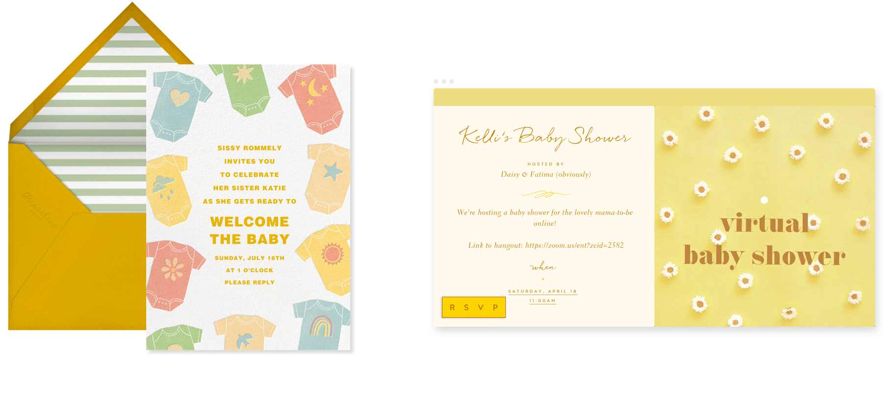Zoom baby shower invitations with onesies and flowers