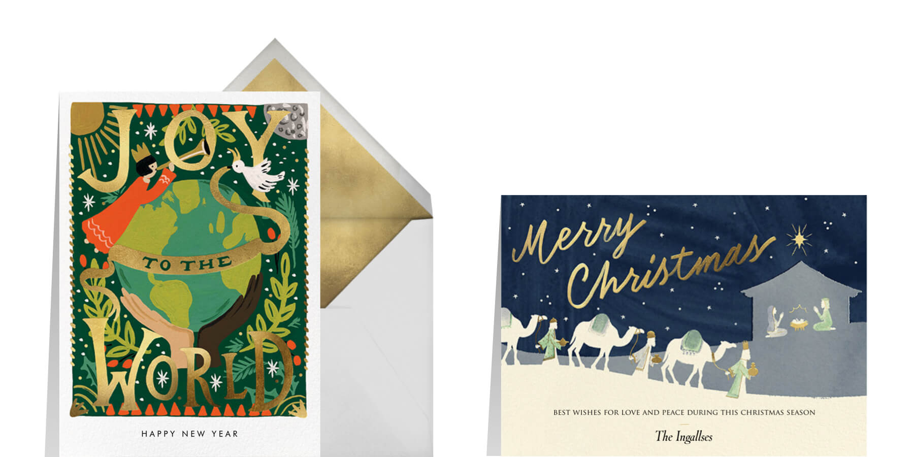 religious Christmas card wording featuring illustrations from Rifle Paper Co. nativity scenes