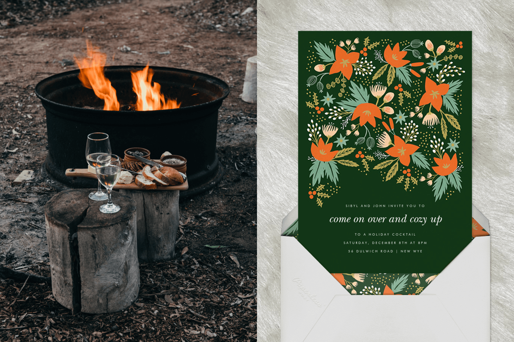 left: A charcuterie board and two wine glasses sit on tree stumps beside a fire pit. Right: A green party invitation with colorful floral illustrations. 