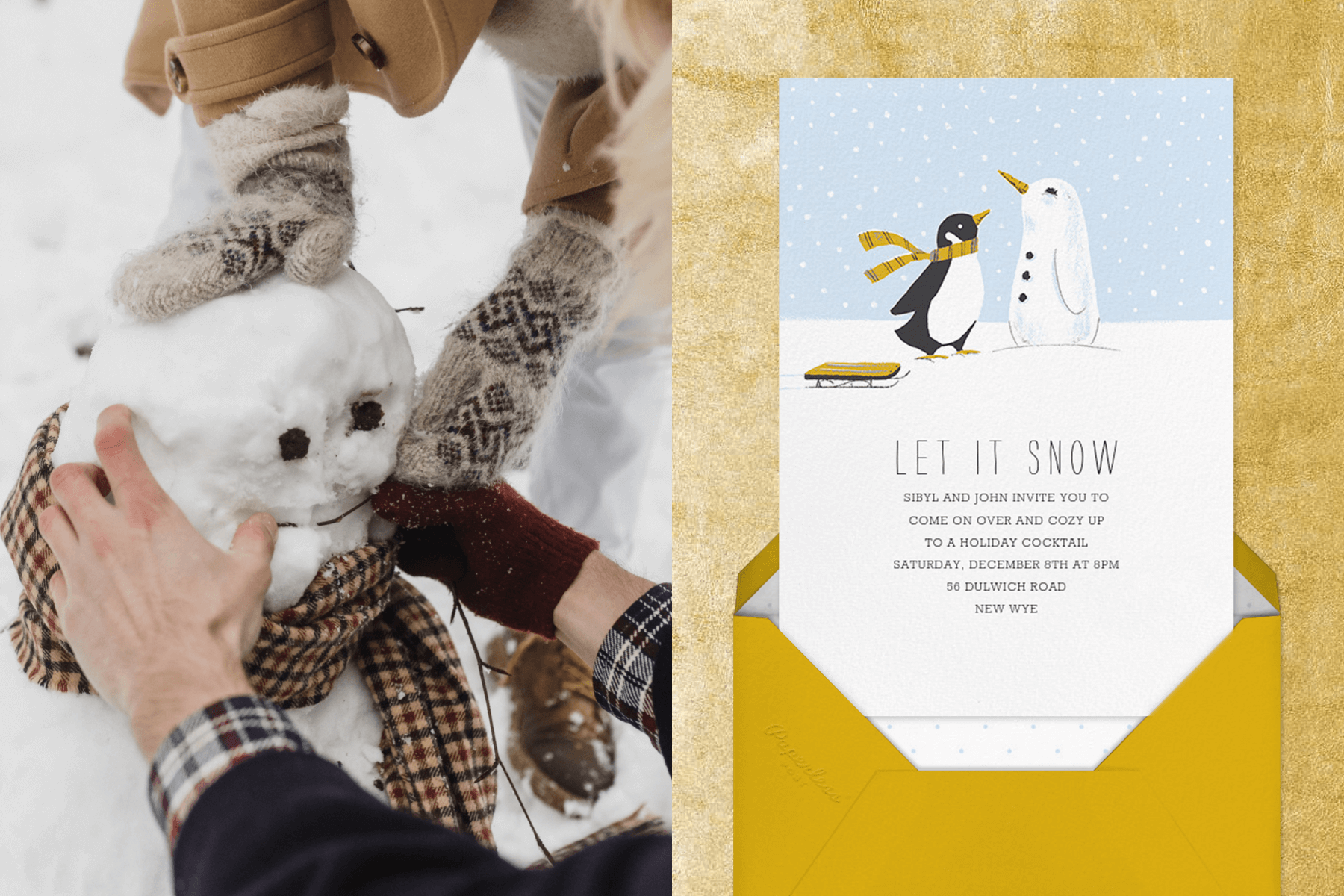 left: A snowman being built. Right: A party invitation shows a penguin looking at a penguin-shaped snowman. 