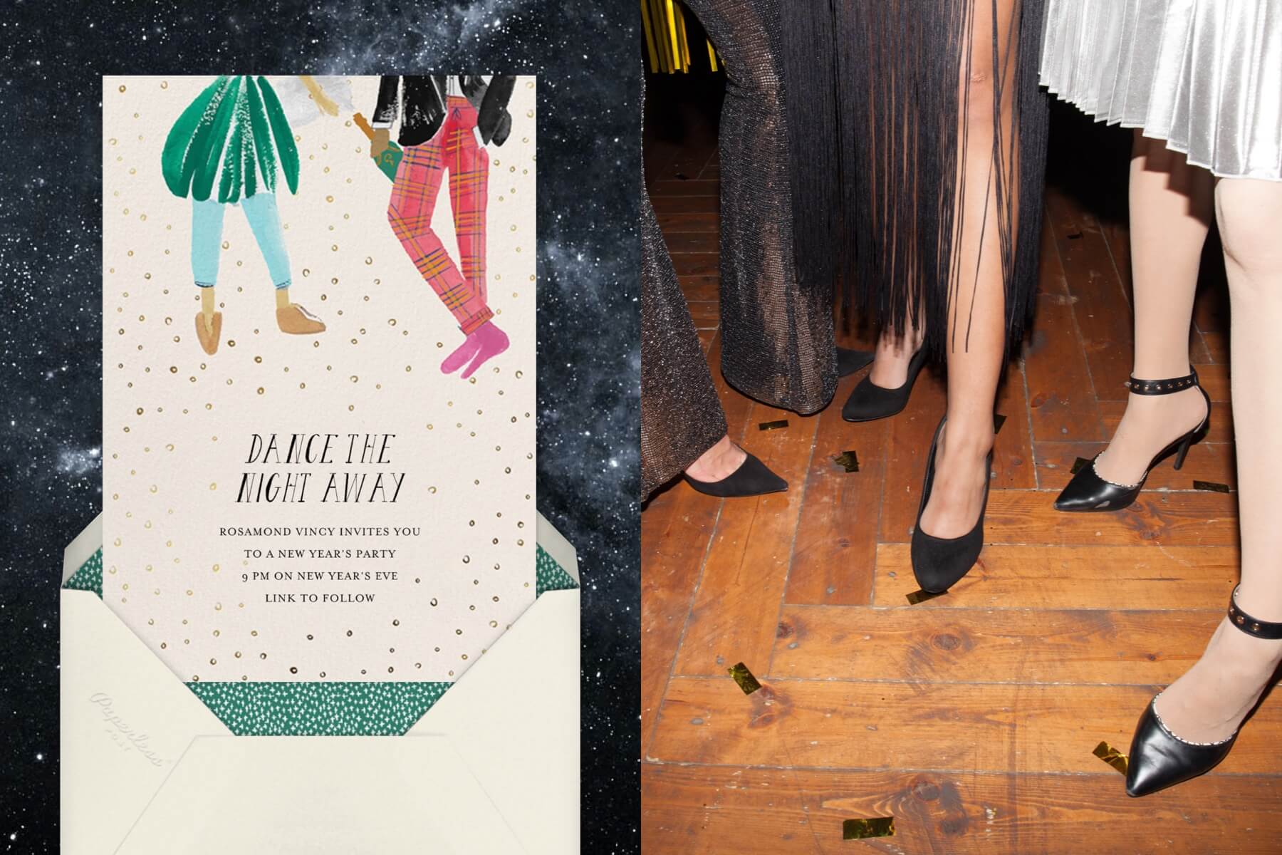 left: An invitation shows the legs of people dancing. Right: Legs of people wearing high heels. 