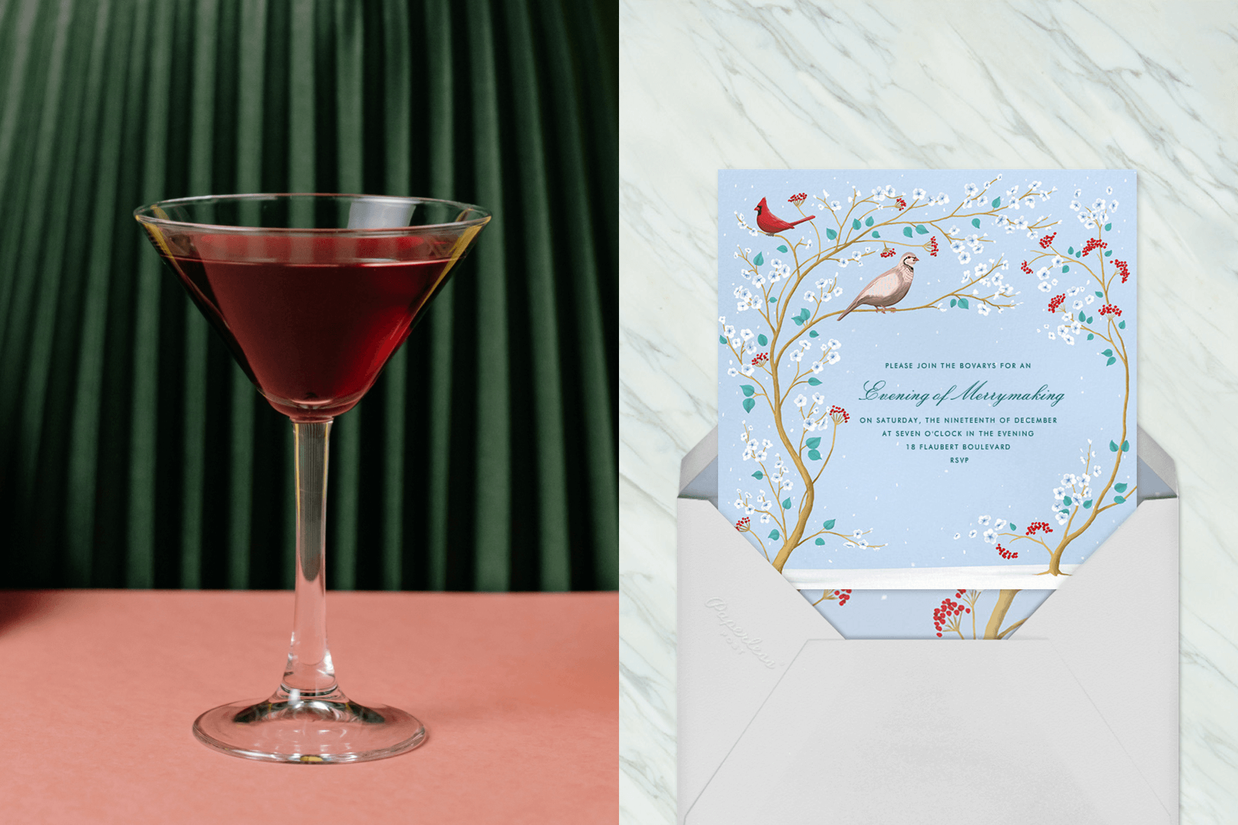 left: A red martini. Right: An invitation shows a partridge and cardinal on floral branches. 