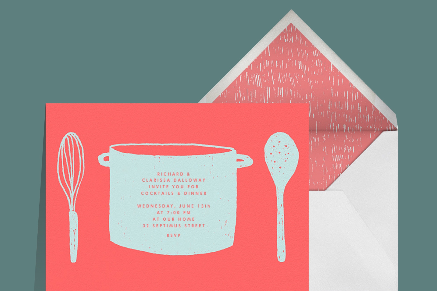 An invitation shows an illustration of a cooking pot with a whisk and spoon. 