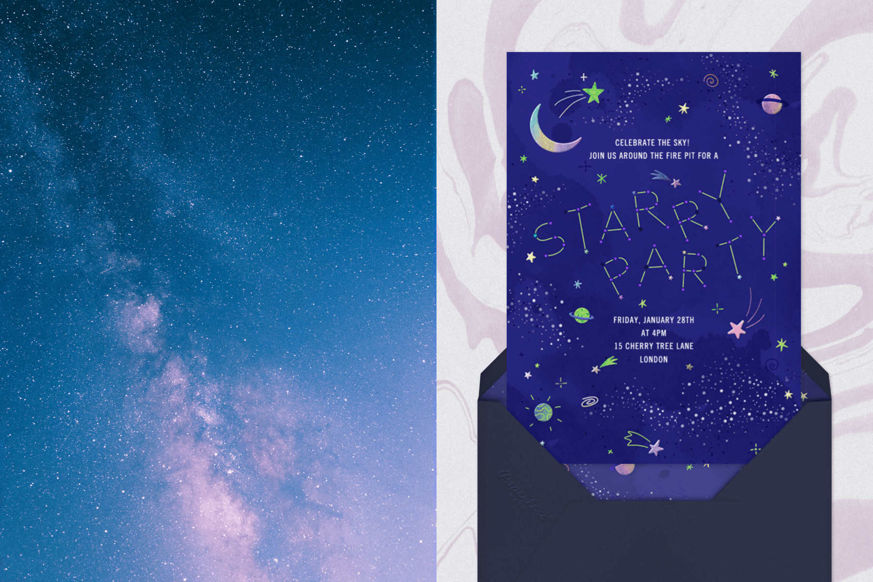 left: The Milky Way at night. Right: An invitation with constellations, stars, and planets. 