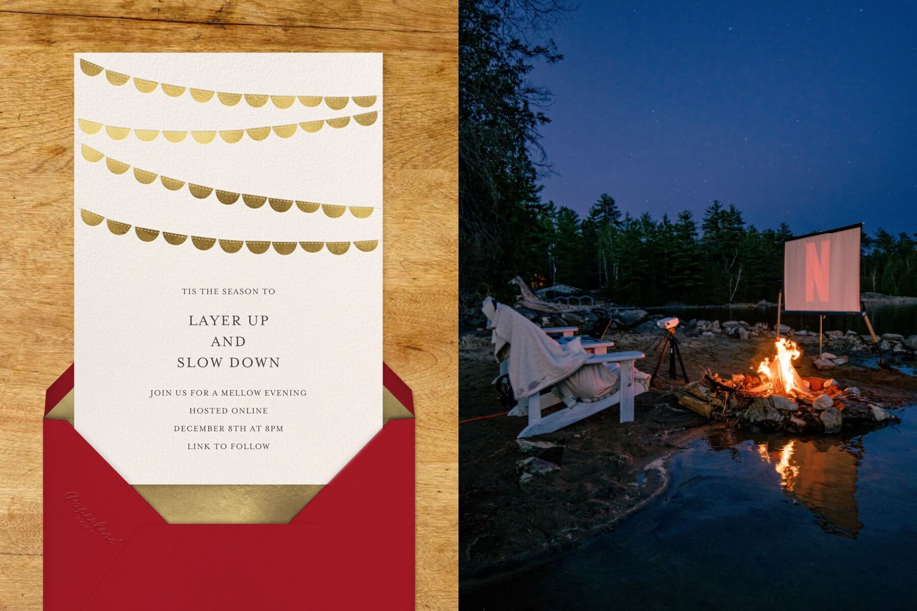 An invitation with gold foil bunting banner. Right: A nighttime scene by a lake with Adirondack chairs facing a bonfire and a movie screen. 