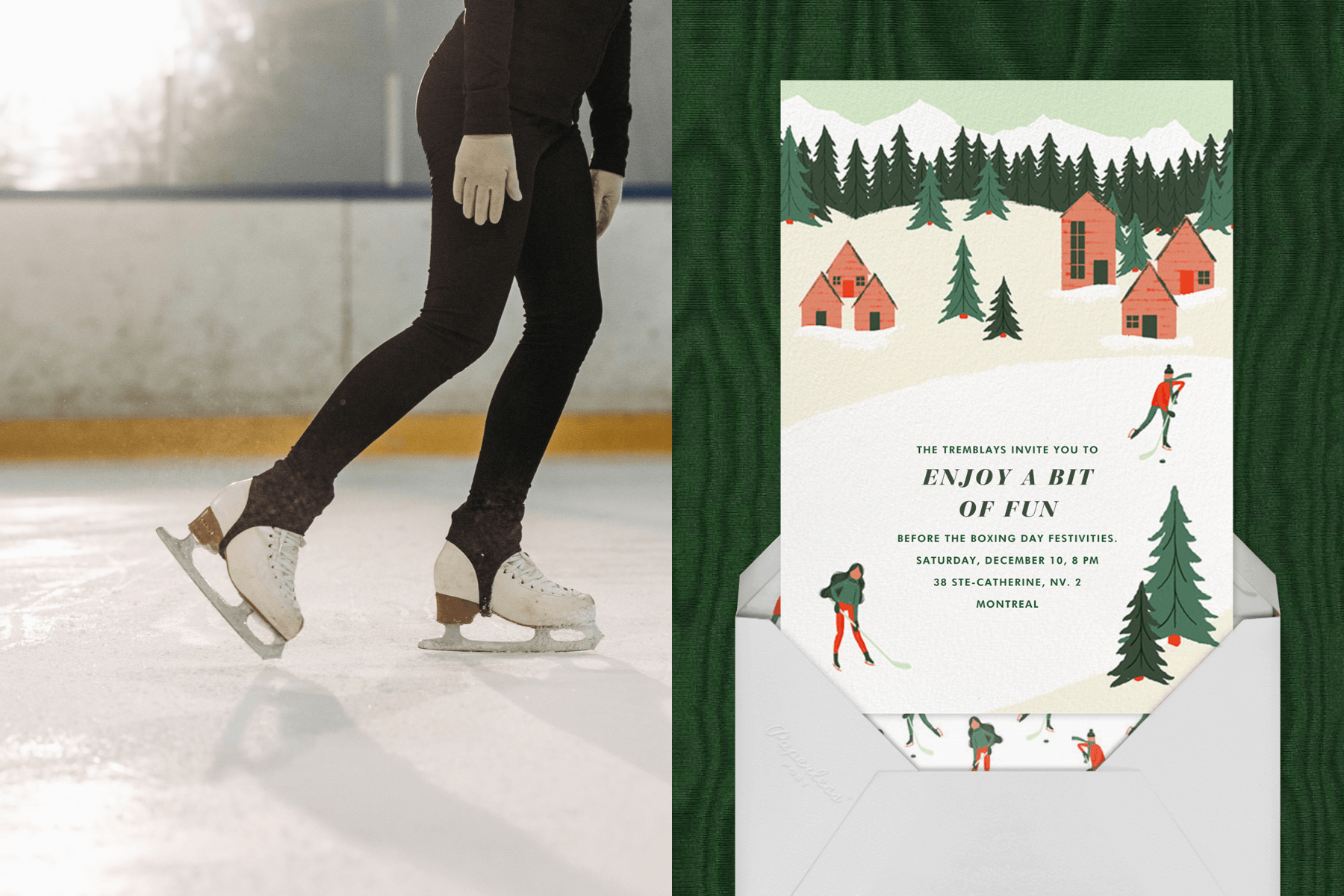 left: The bottom half of a person ice skating on a rink. Right: An invitation shows an illustration of people playing ice hockey with trees and houses nearby.