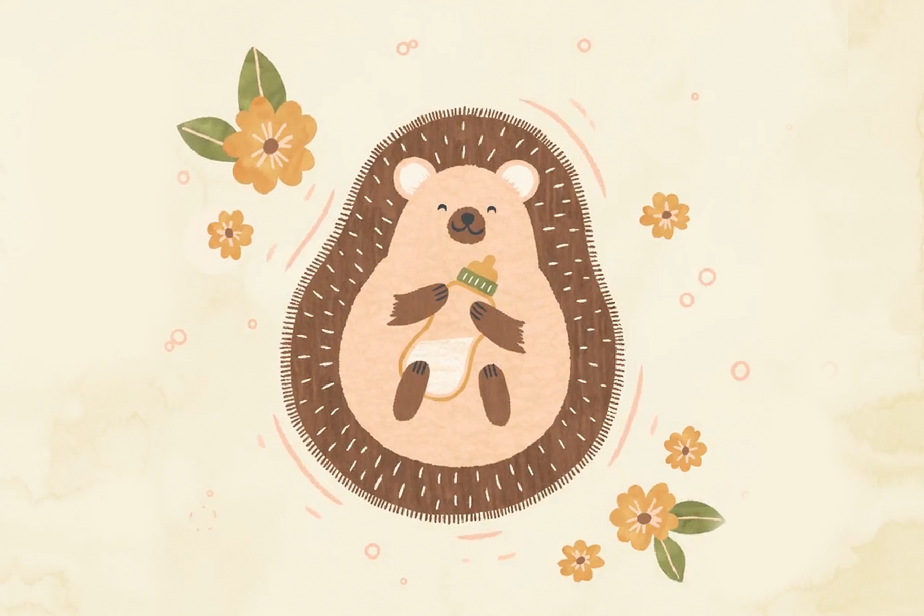 Card artwork of a baby hedgehog on a yellow, flowery background.