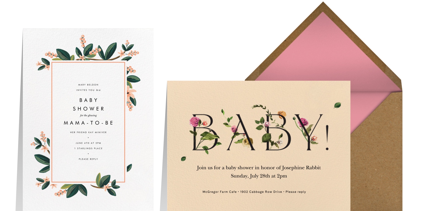 Left: "November Herbarium" by Rifle Paper Co for Paperless Post | Right: Bambino - Bellini by Venamour by Paperless Post