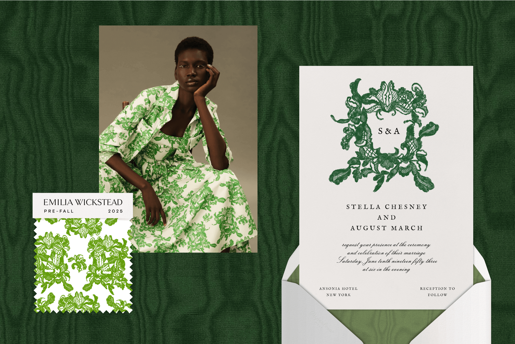 A fabric swatch of green florals, a photograph of a model wearing a dress with the same pattern, and a white invitation with green accents, all on a green moire background.