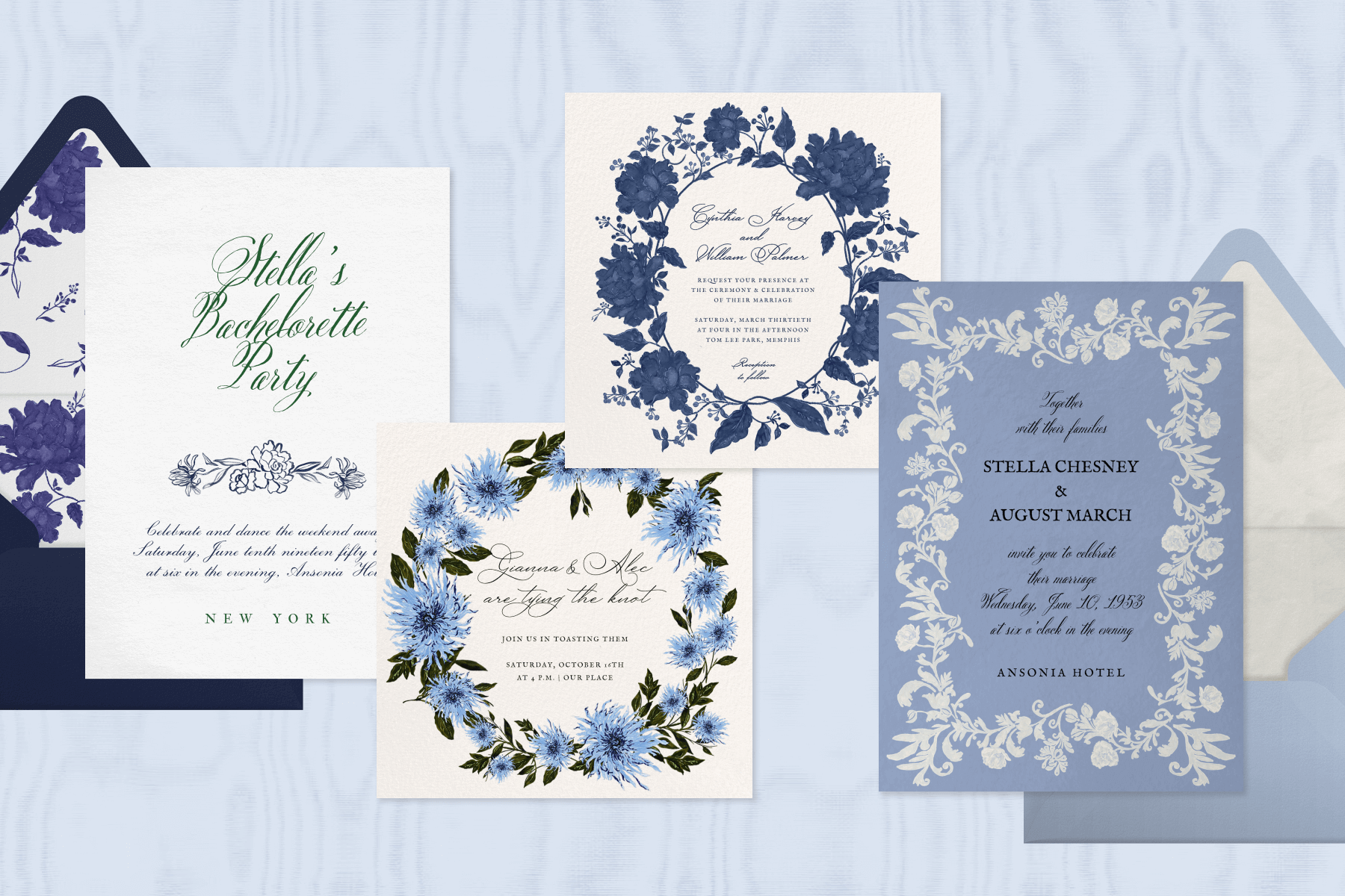 Four invitations and two blue envelopes on a light blue moire backdrop; one invitation features outlined flowers, two are square and feature circles of blue flowers, and one is periwinkle with white floral accents around the edges.