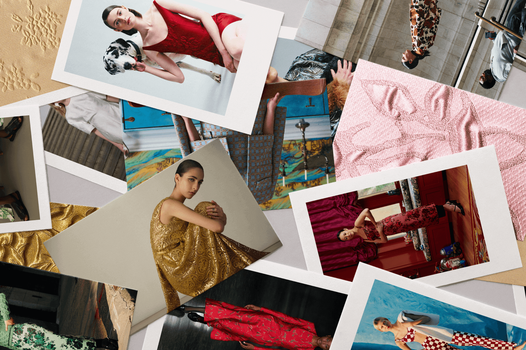 A pile of fashion photographs, both analog and Polaroid, featuring models in dresses.