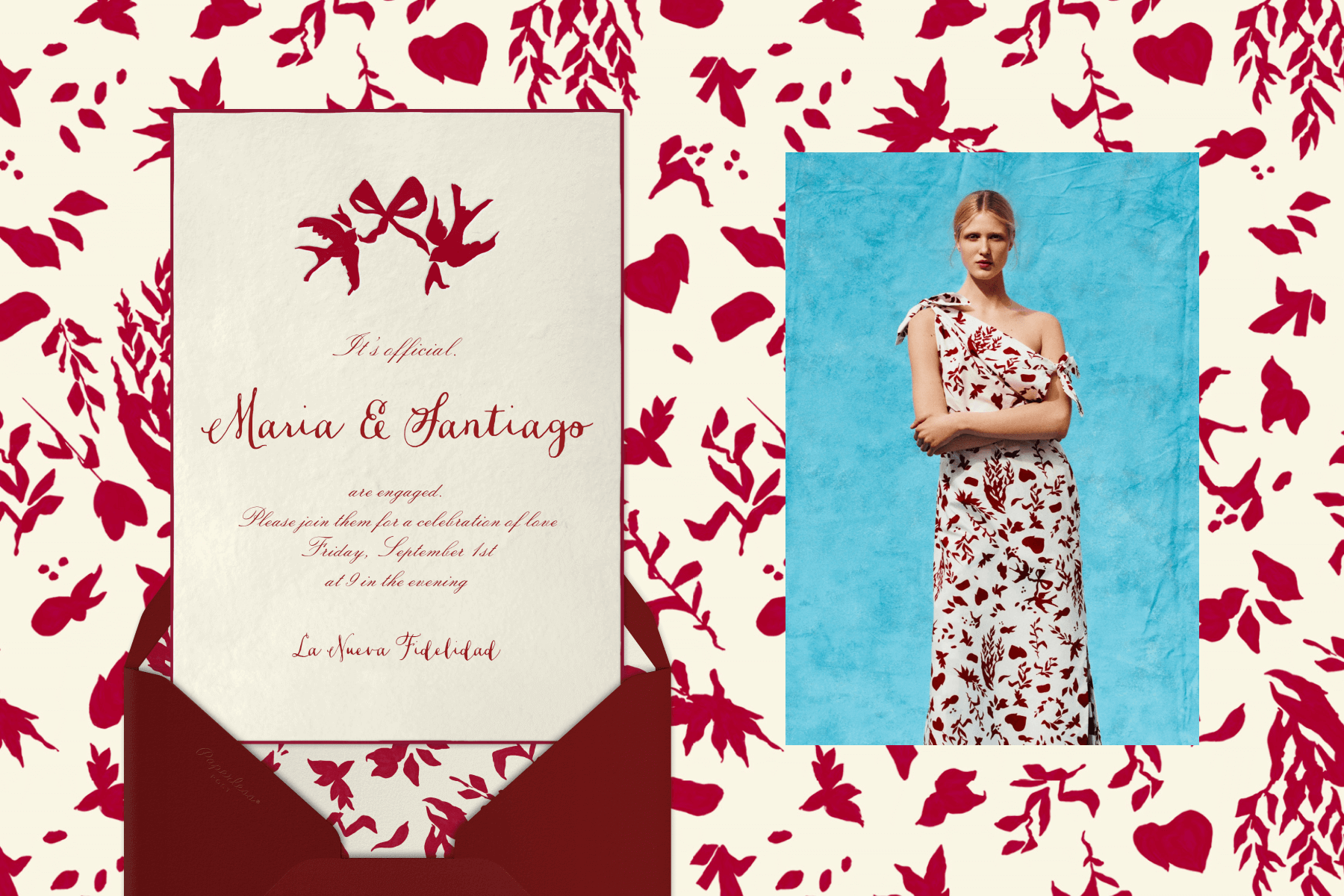 A wedding invitation featuring a red bird and ribbon design inside a burgundy envelope; an image of a model wearing a dress with the same pattern.