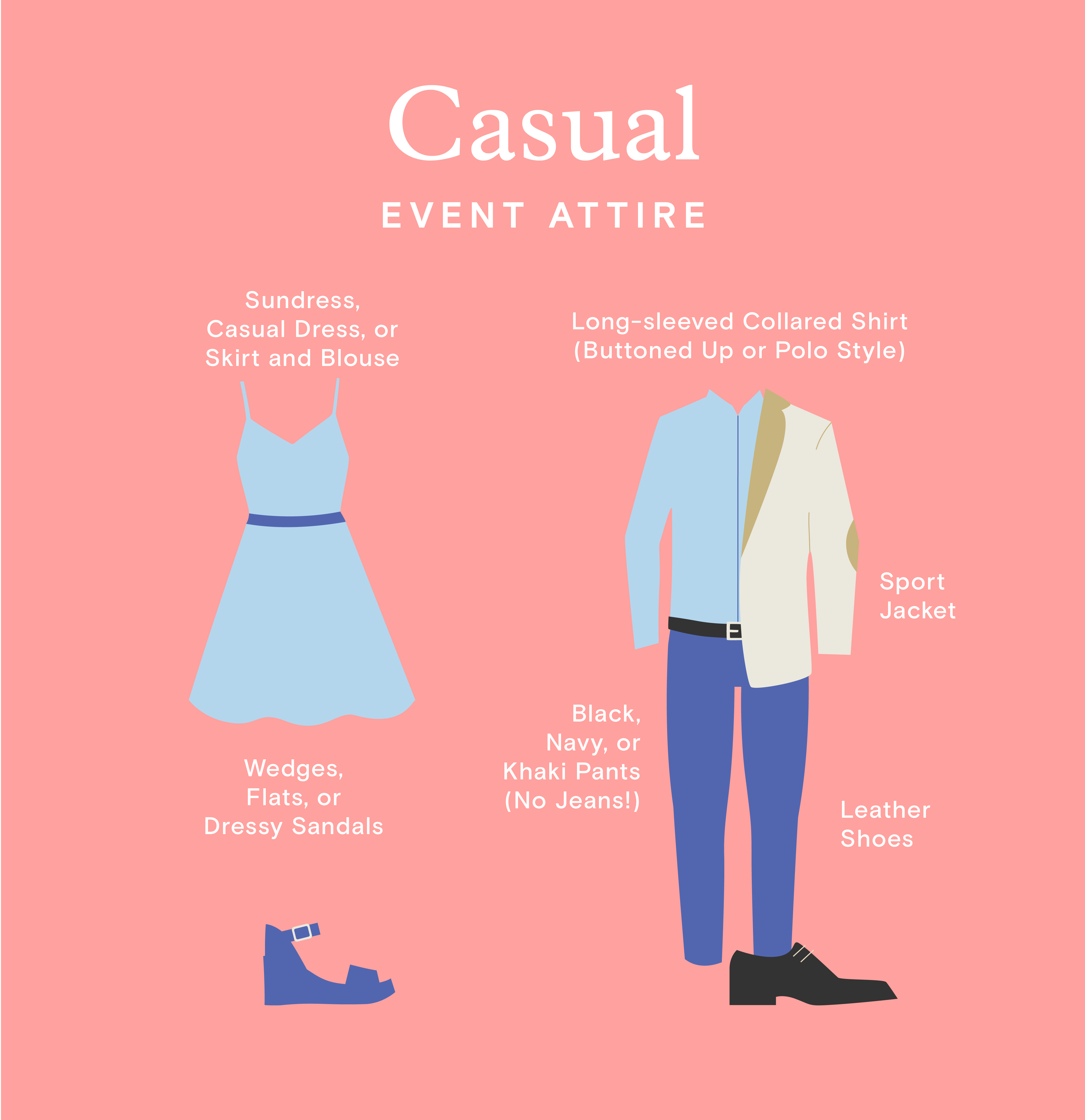 An illustration of casual attire for women and for men featuring items from the list like a sundress, a sport jacket, and navy pants.