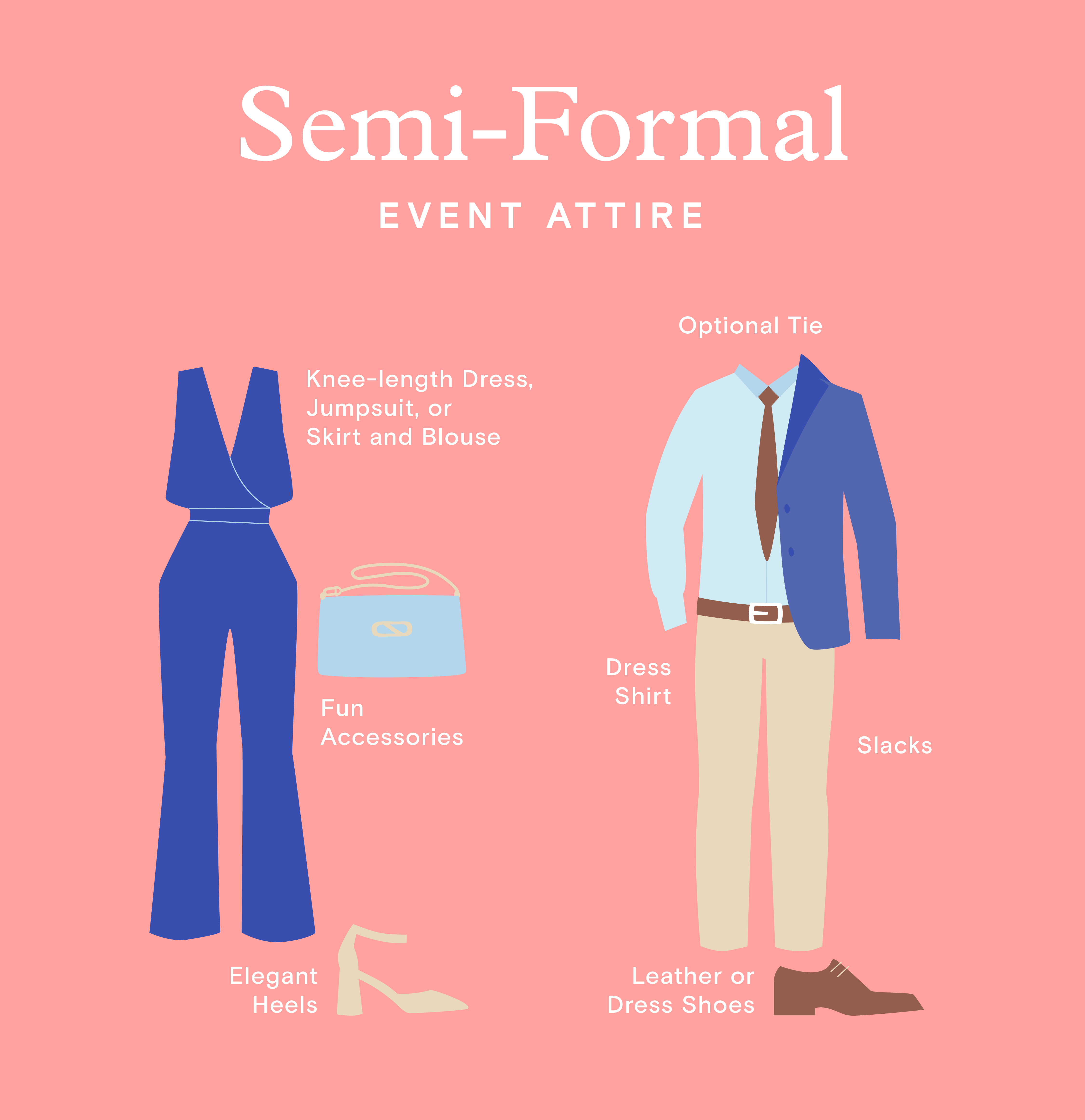 An illustration of semi-formal attire for women and for men featuring items from the list like a fancy jumpsuit, men’s slacks, and dress shoes.