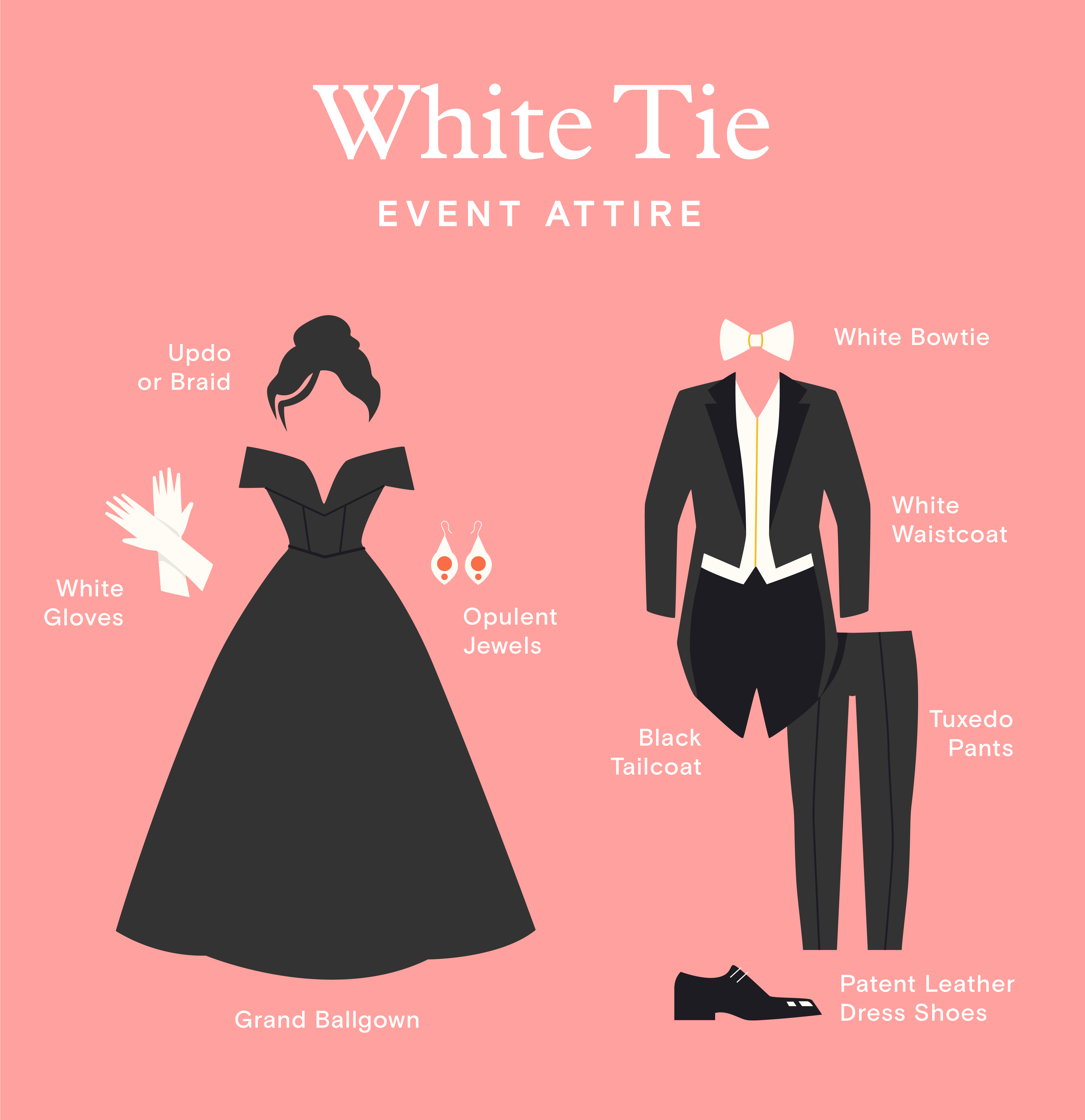 An illustration of white tie attire for women and for men featuring items from the list like white gloves, black tailcoat, and more.